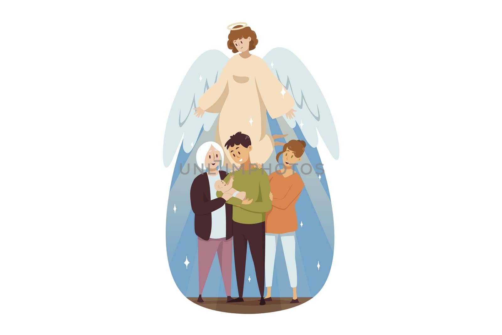 St. Josephs day, religion, bible, christianity concept. Angel biblical religious character watches at family man dad woman mother granny with young baby child. Catholic orthodox holiday or Fathers day
