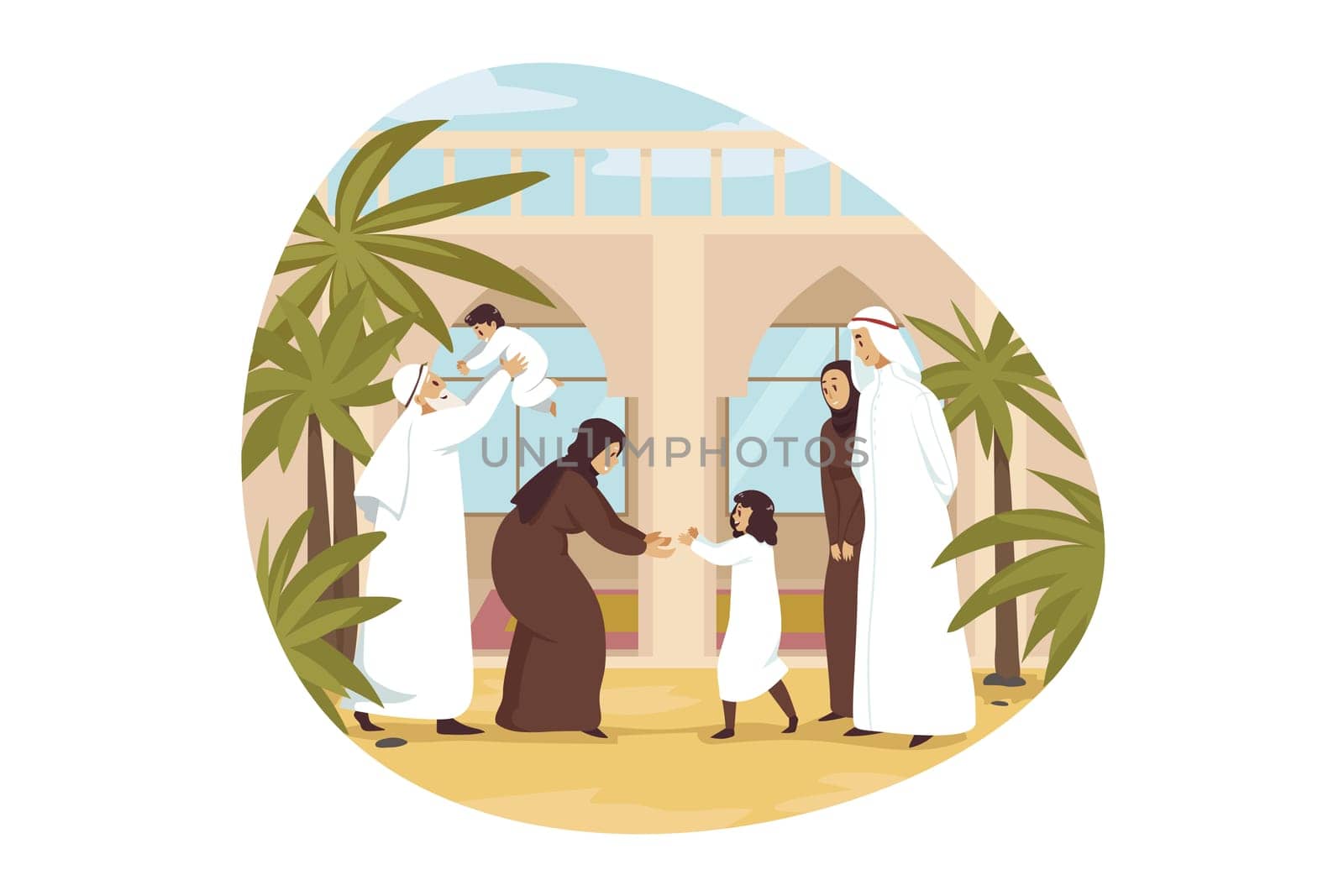 Love, holiday, fatherhood, childhood, meeting, motherhood concept. Young man arab husband muslim woman wife giving children kids son daughter to grany and grandfather. Family recreation illustration.