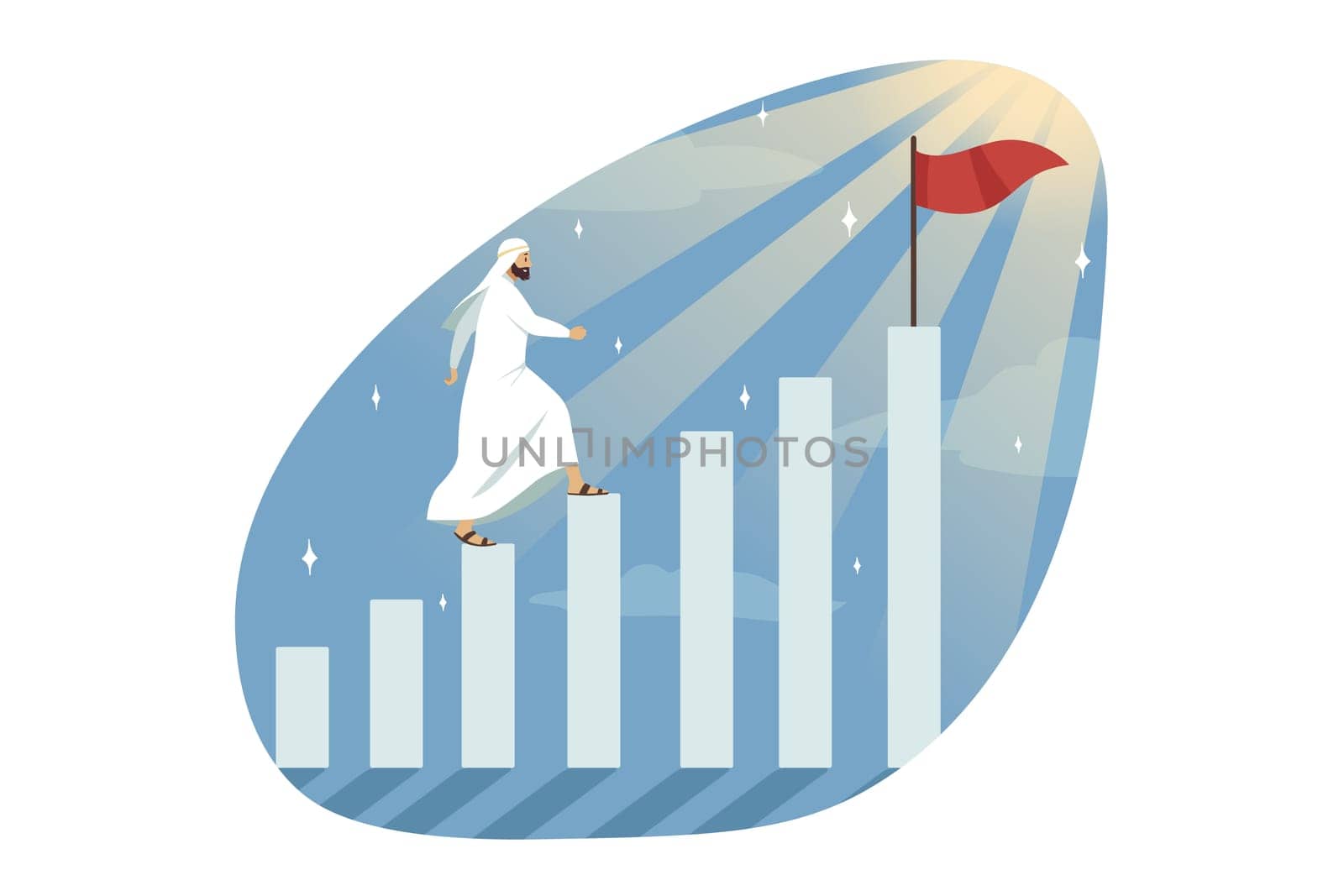 Leadership, conquest, goal achievement, success, business concept. motivated Young muslim arab businessman clerk manager leader conqueror walking on blocks profit graphs to target flag illustration.