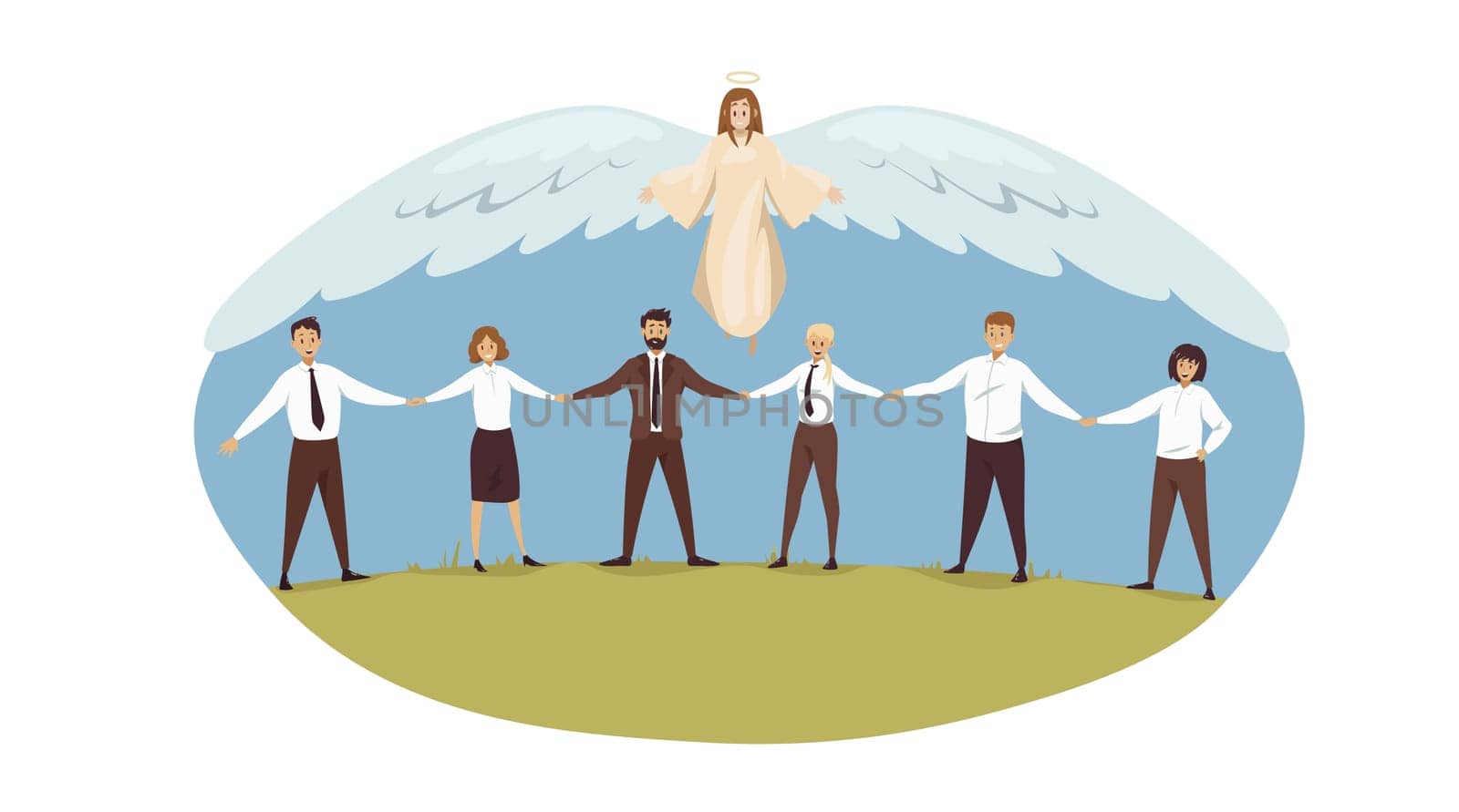 Protection, support, teamwork, business, religion, christianity concept. Angel biblical religious character protecting team businessmen women clerk managers leaders. Divine help and unity illustration