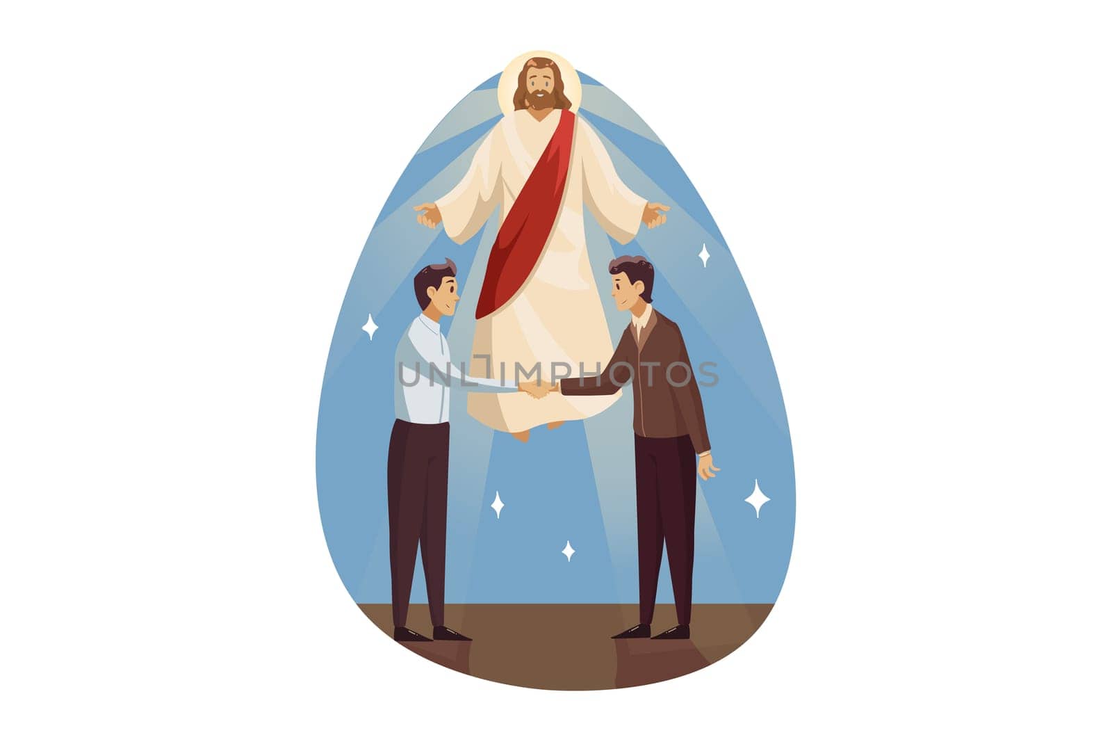 Religion, support, business, christianity, meeting concept. Jesus Christ son of God blessing helps young businessmen clerks managers for making deal. Divine assistance with reconciliation illustration