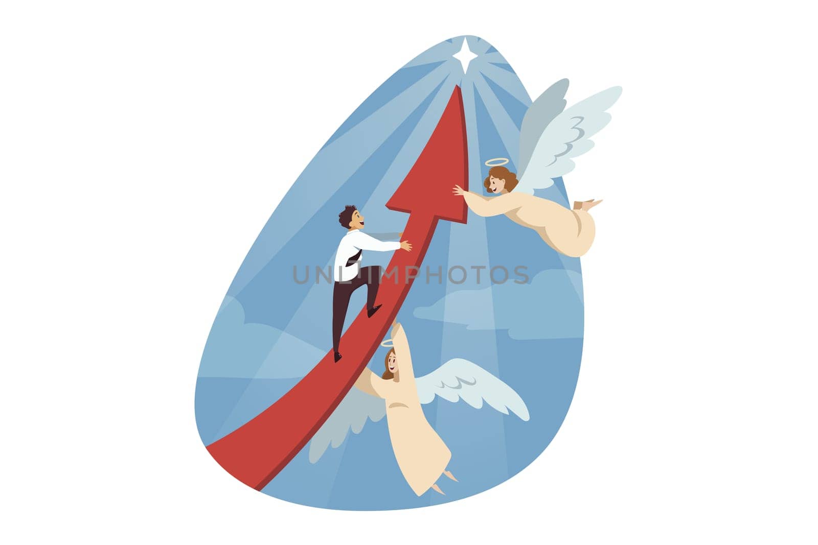 Religion, christianity, support, startup, goal achievement concept. Angels biblical character helping businessman manager climbing on red arrow to shining star. Divine assistance and reaching purposes