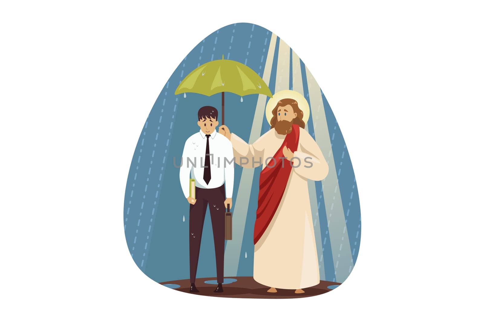 Mental stress, frustration, depression, religion, christianity, business concept. Jesus Christ son of God holding umbrella covering young depressed businessman from rain. Divine support and care.