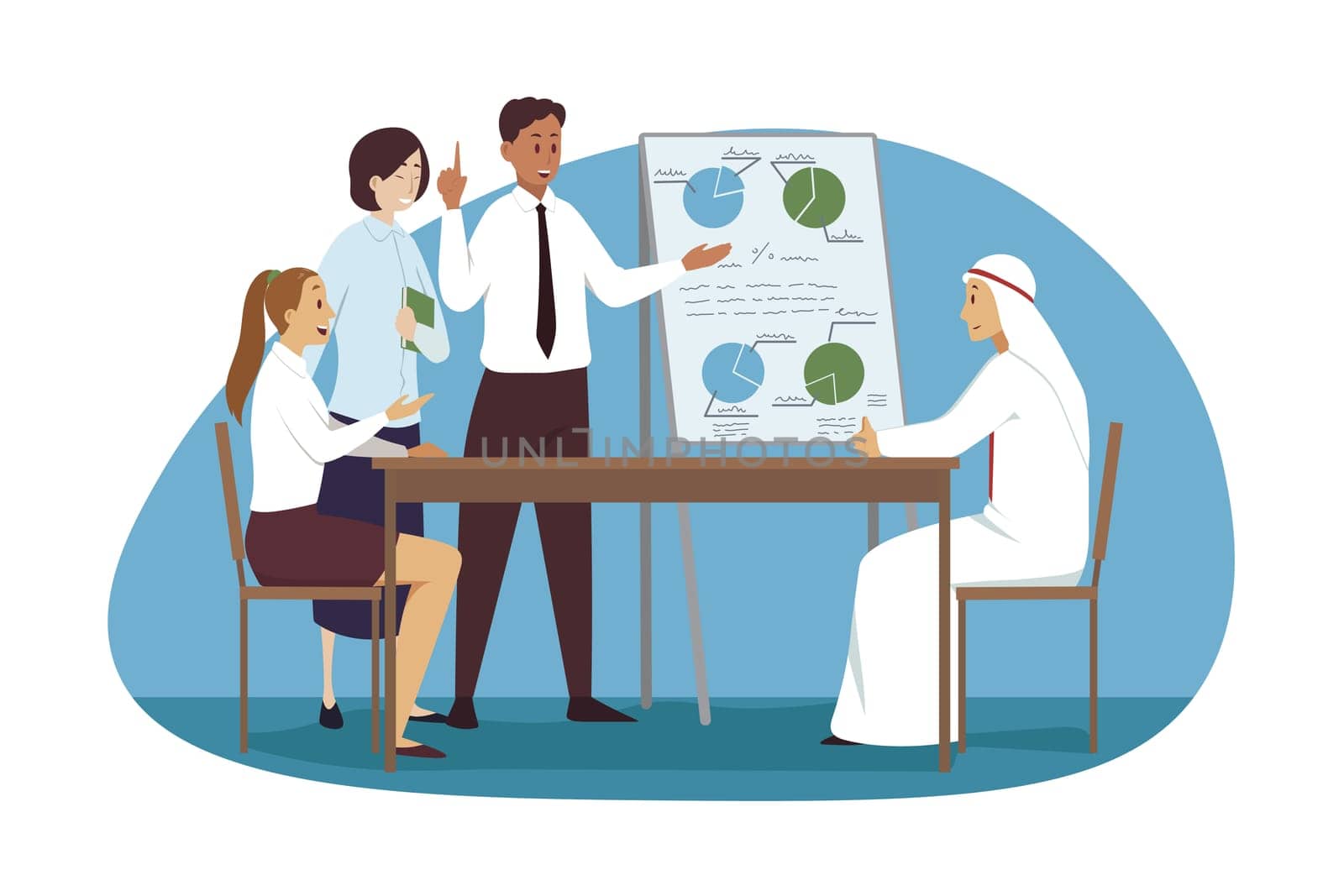 Management, meeting, business concept. Team group of international businessmen women coworkers managers having conference in office analysing data plan together. Coworking and teamwork illustration.