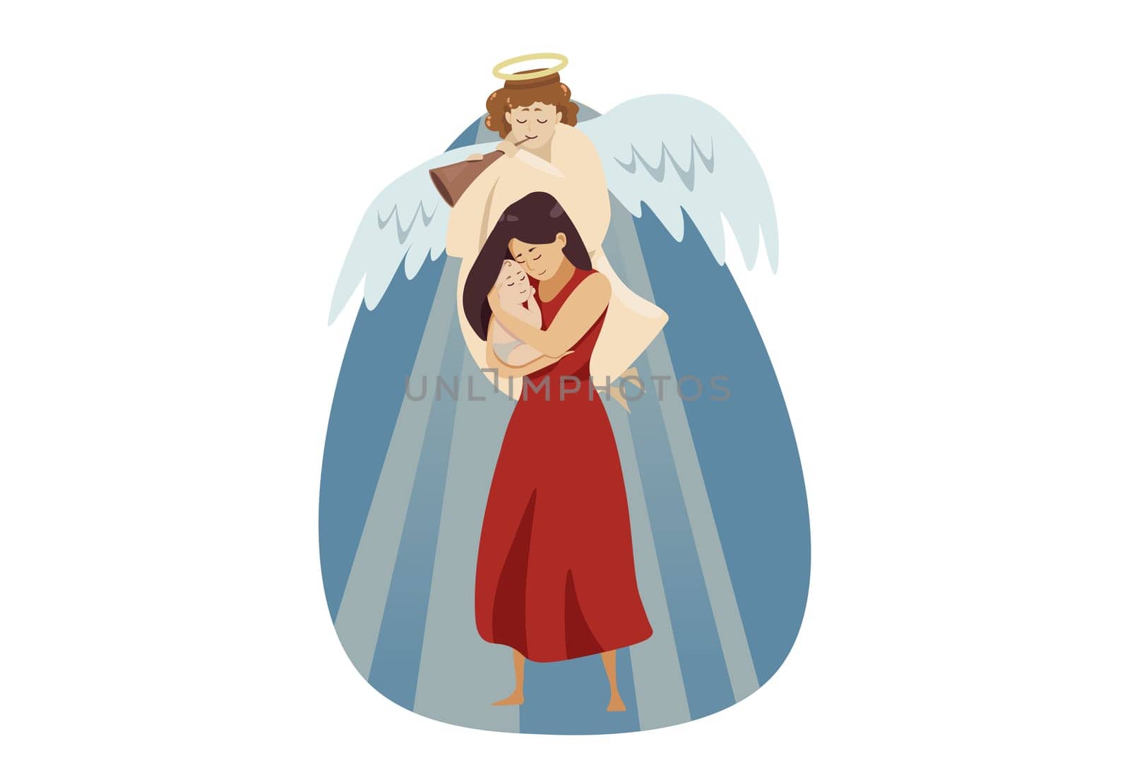 Motherhood, religion, christianity, love concept. Angel playing pipe and telling good news for young happy woman mom and newborn child baby. Mothers day and divine support and blessing illustration.