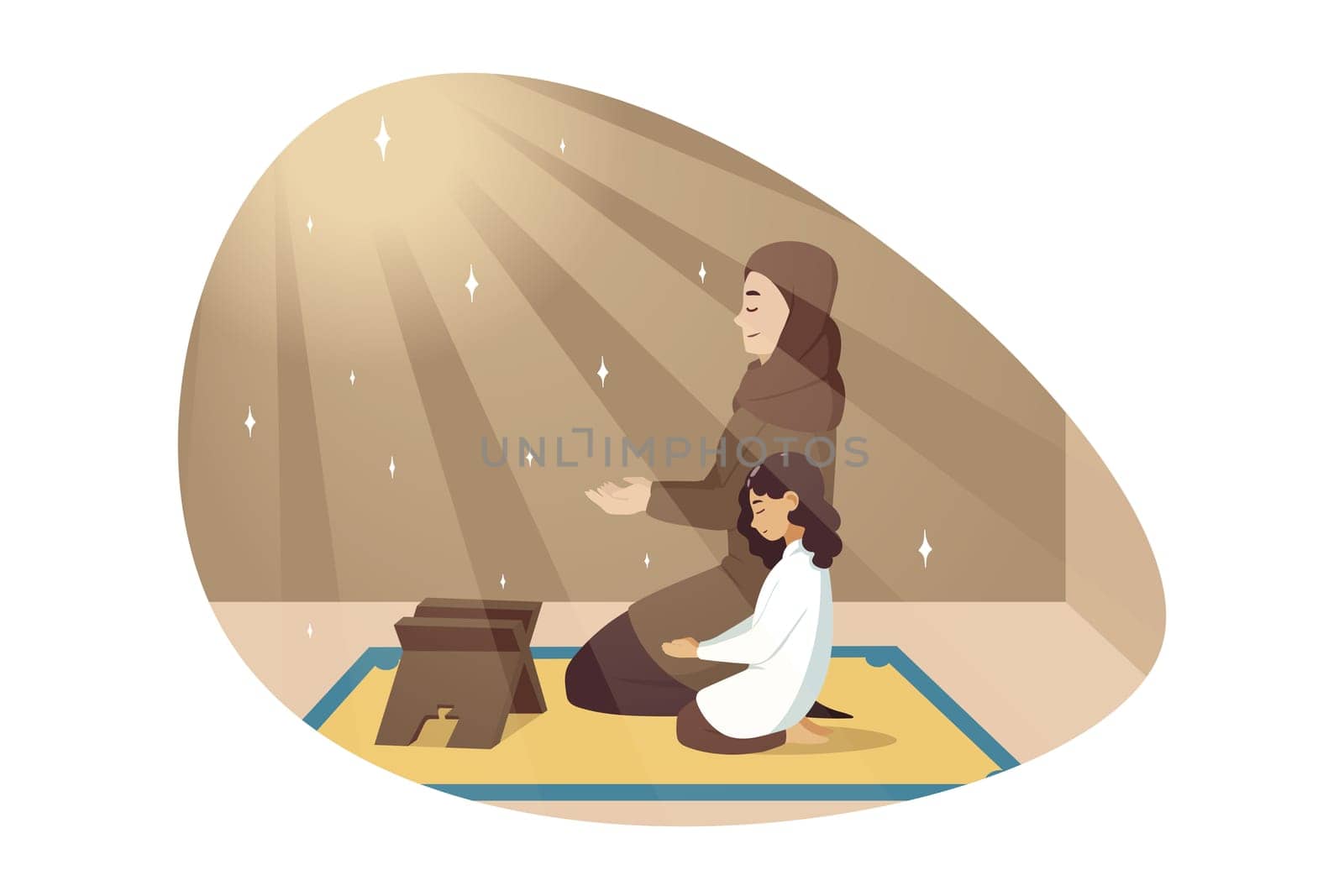 Religion, islam, leisure, God, Allah, motherhood, childhood concept. Young muslim woman with hijab praying with with child kid daughter together. Family recreation mothers day and religious education.