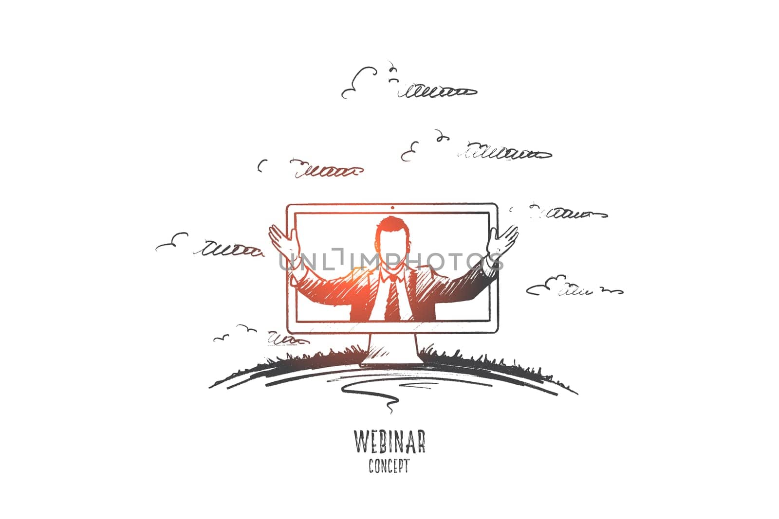 Webinar concept. Hand drawn man teaching through internet. Online seminar isolated vector illustration.