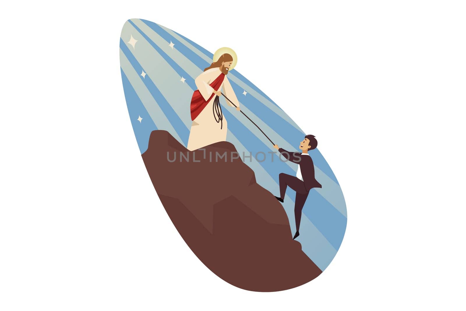 Teamwork, goal achievement, religion, christianity, support, business concept. Jesus Christ son of God helping young businessman clerk manager climbing on mountain. Divine suppor and goal achievement.
