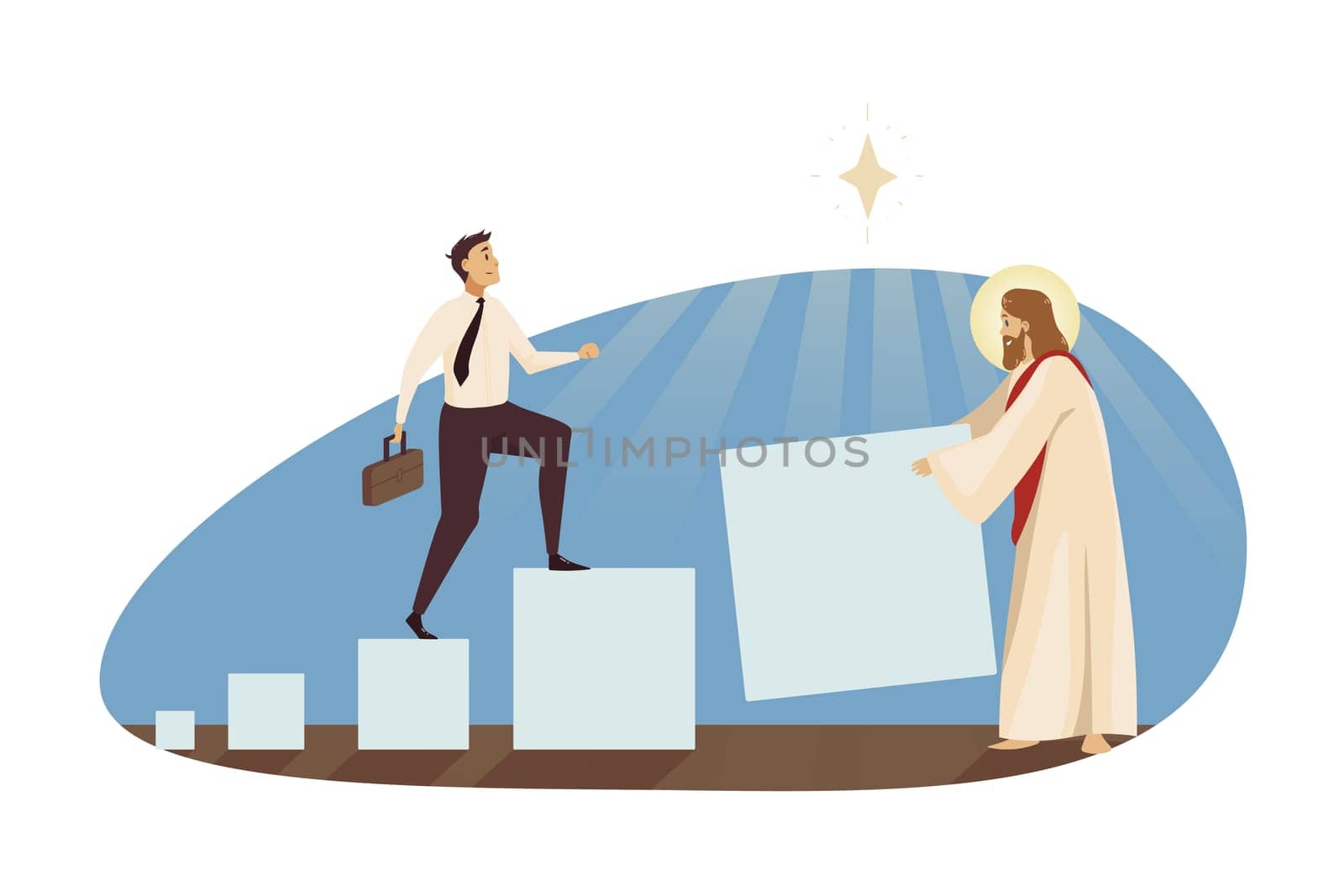 Startup, success, religion, christianity, help, business concept. Jesus Christ son of God helping happy young businessman moving to shining sky star. Divine support and goal achievement illustration.
