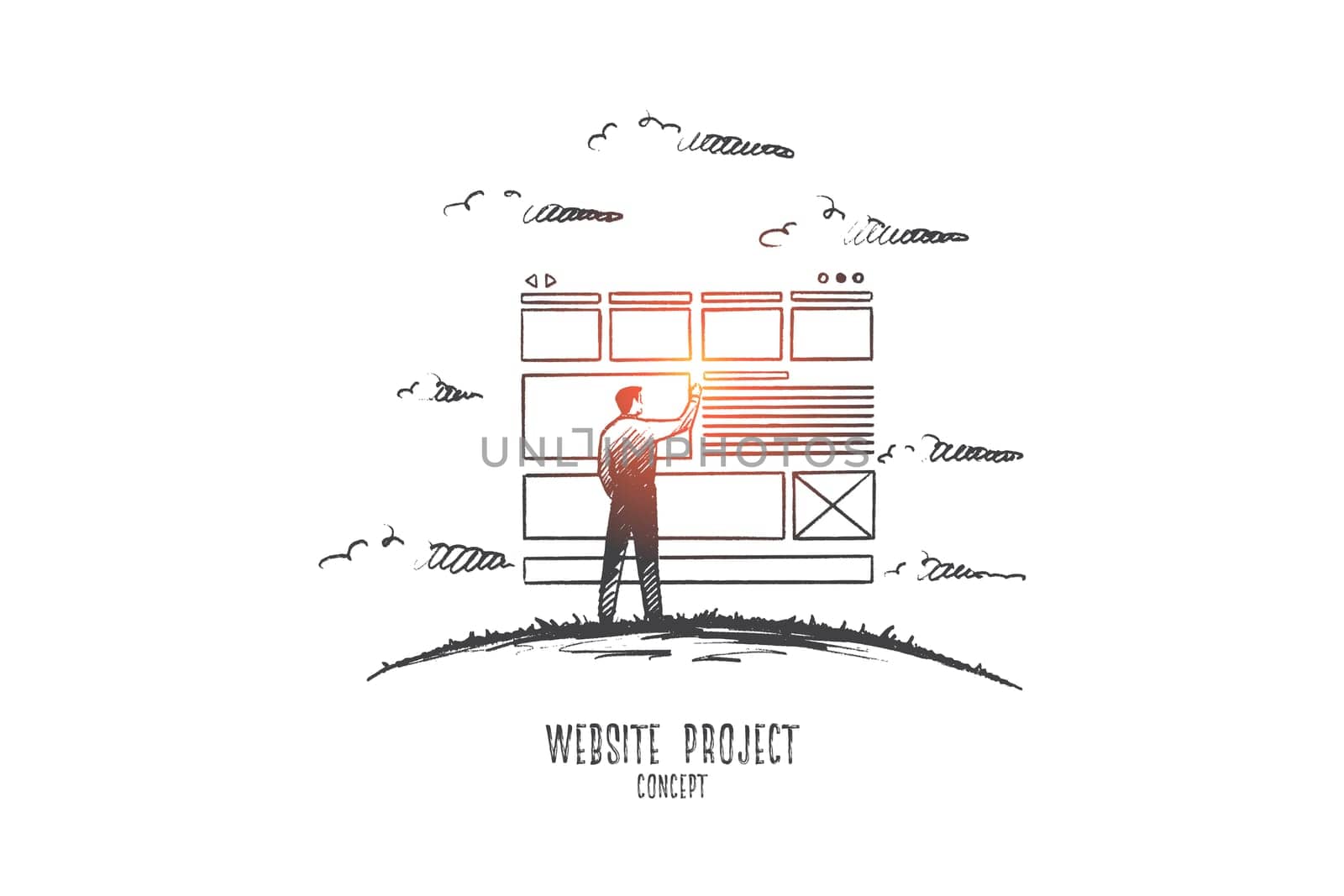 Website project concept. Hand drawn man developing website. Web programming isolated vector illustration.