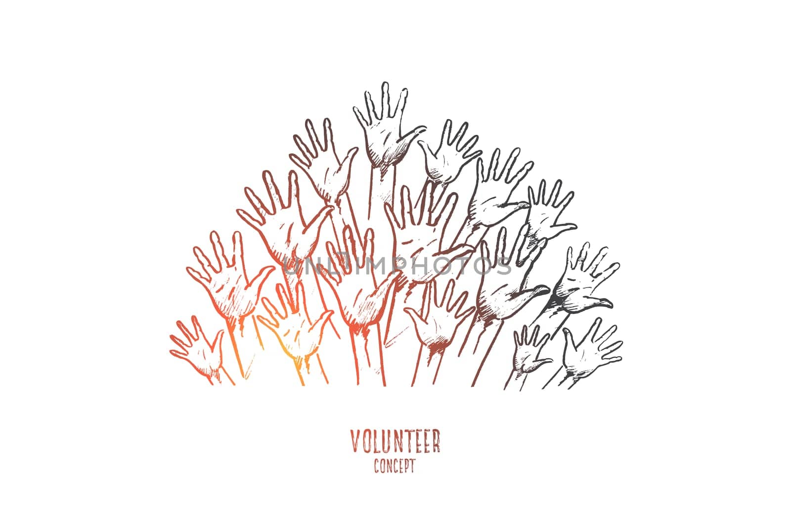 Volunteer concept. Hand drawn hands of group of people volunteers. Hands of people doing charity isolated vector illustration.