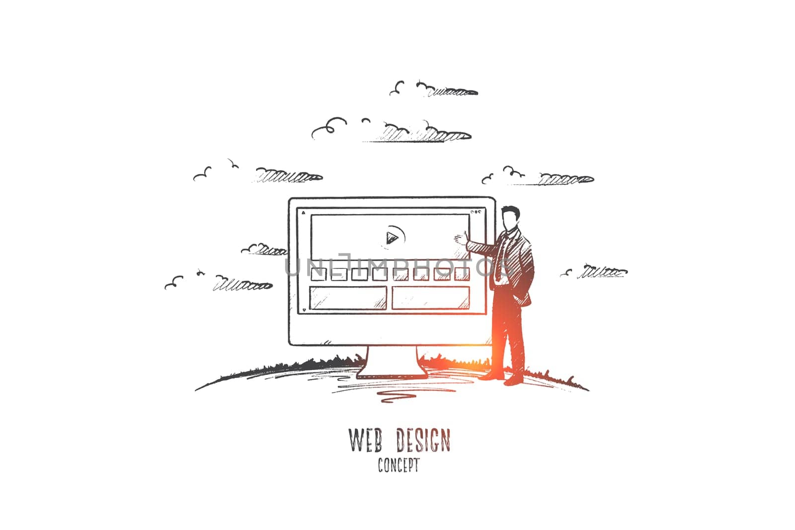 Web design concept. Hand drawn man developing web design. Website interface isolated vector illustration.