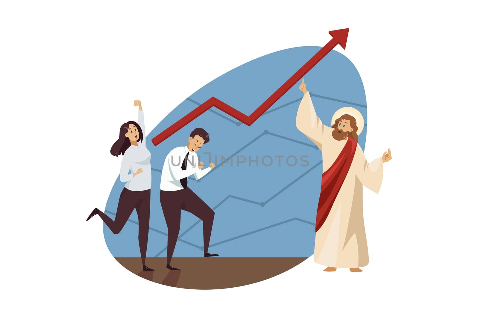 Teamwork, startup, religion, christianity, business concept. Jesus Christ son of God biblical character holding red arrow above happy young businessman woman manager. Divine support goal achievement illustration.