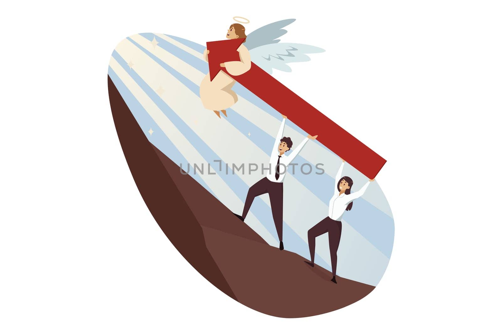 Teamwork, startup, religion, christianity, business concept. Jesus Christ son of God helping team of young businessman woman holding red arrow on top. Divine support and goal achievement illustration.