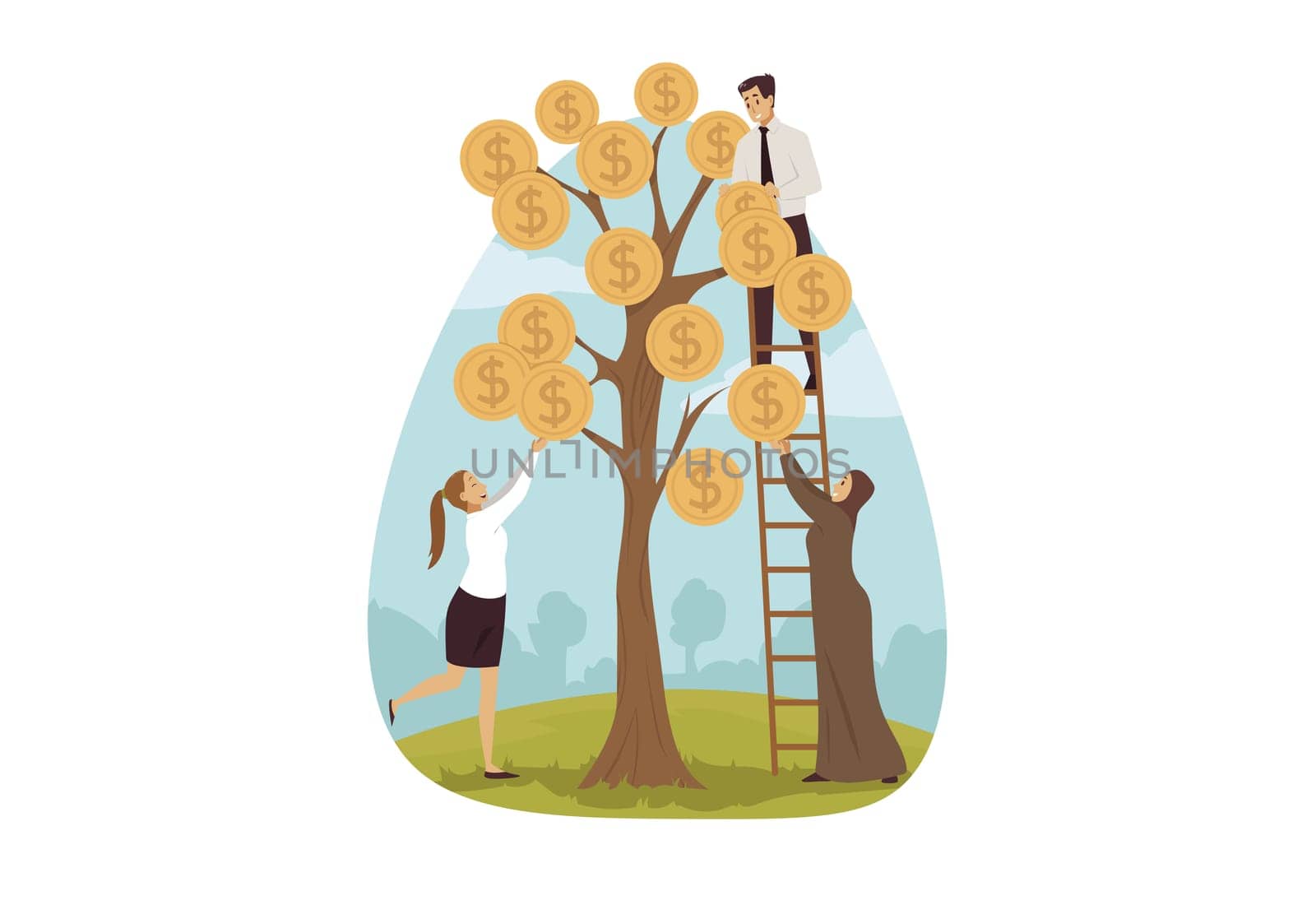 Invesment, business, profit, growth, development concept. Team of businessman and woman manager grow coin cash tree raising personal profit together. Coworking successful investments and money income