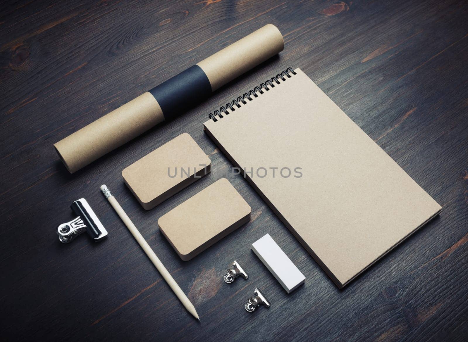 Blank retro stationery on wooden background. Corporate identity template.