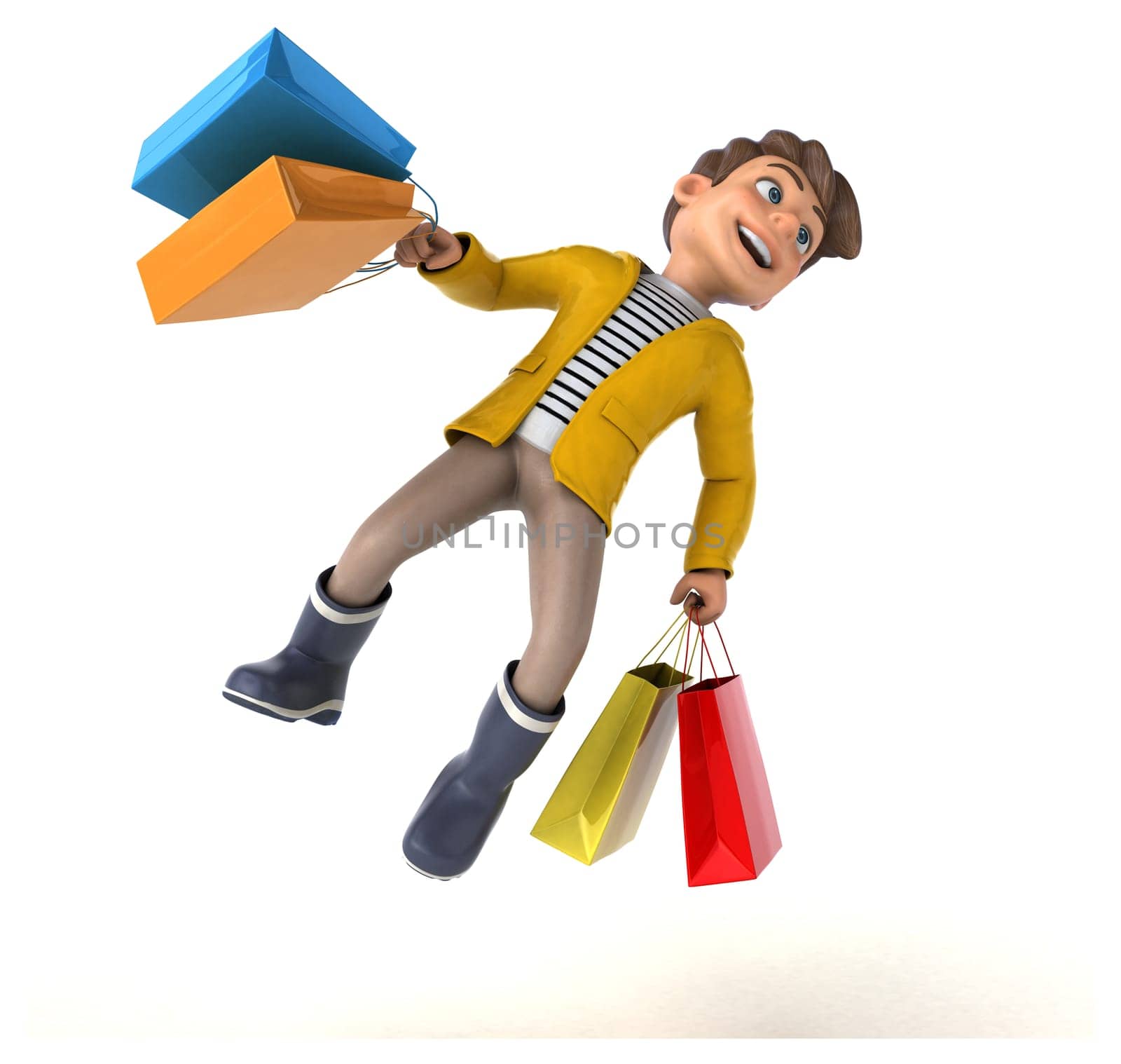 Fun 3D Illustration of a cartoon kid with rain gear
