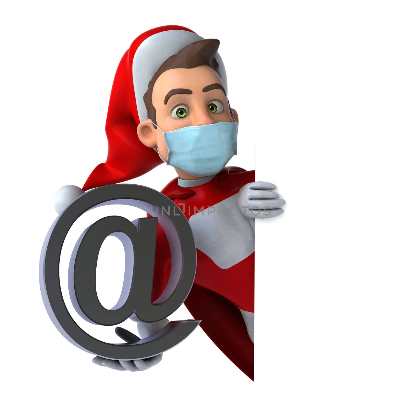 Fun 3D illustration of a cartoon Santa Claus with a mask
