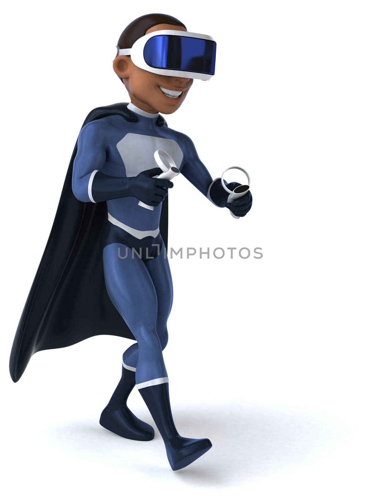 Fun 3D Illustration of a superhero with a VR Helmet