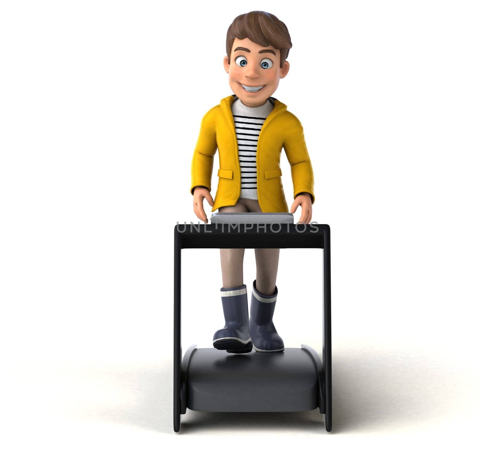 Fun 3D Illustration of a cartoon kid with rain gear