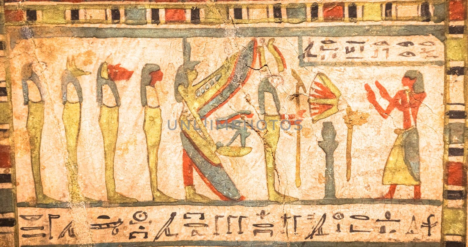 TURIN, ITALY - CIRCA MAY 2021: Egyptian archaeology. Ancient hieroglyphyc,  ca. 580 BC, with Isis and the four sons of Horus