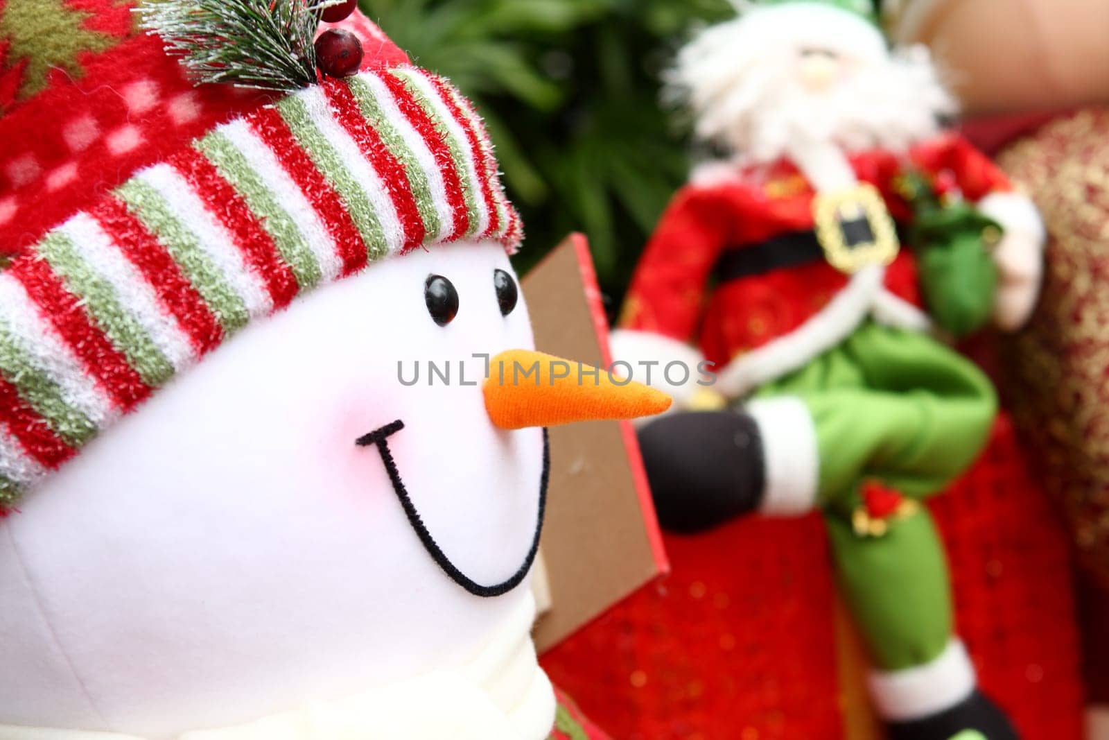 Christmas background with Santa and snowm close up