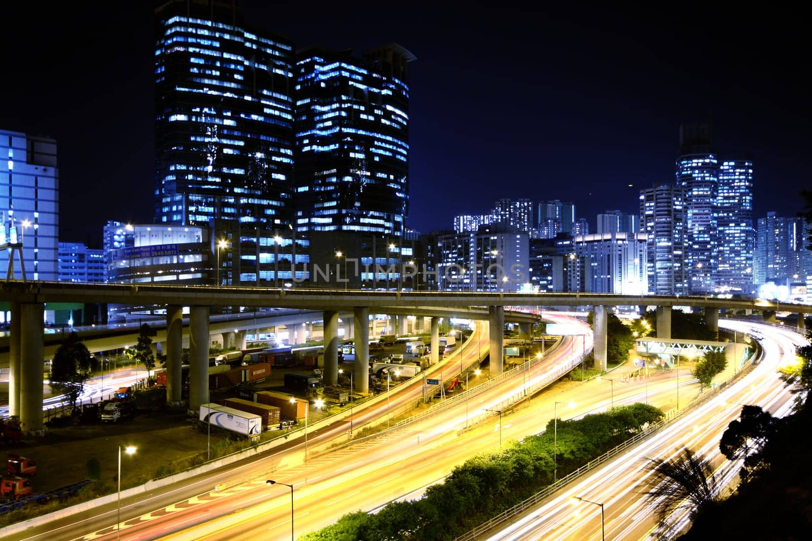 Modern Urban City with Freeway Traffic at Night, hong kong