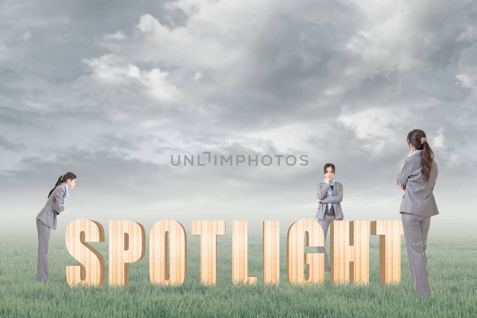 Concept of focus, point, center etc with 3d wooden text and businesswoman under copyspace sky. The Asian woman is the same one.