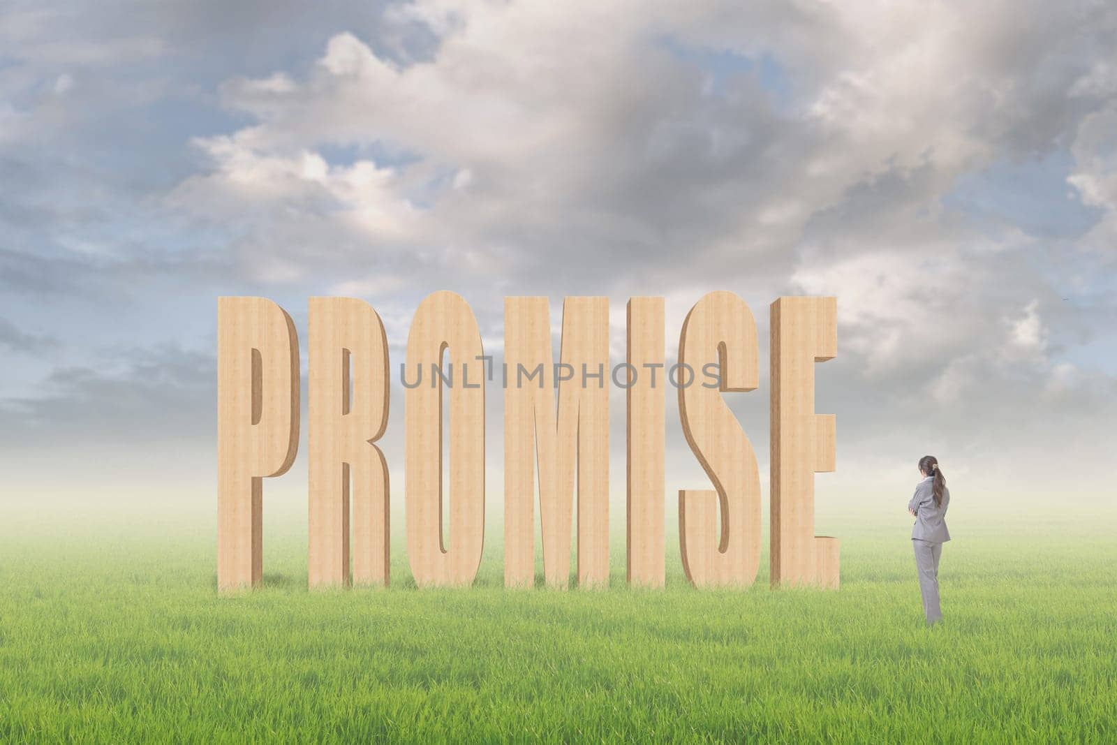 Concept of credit, reliance, promise etc with 3d text under sky on the outdoor grassland and one Asian business woman thinking about it.