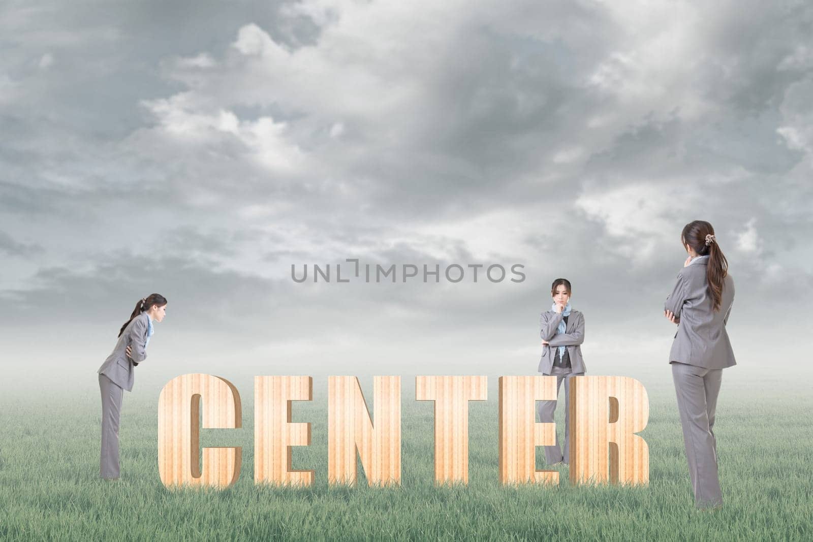 Concept of focus, point, center etc with 3d wooden text and businesswoman under copyspace sky. The Asian woman is the same one.