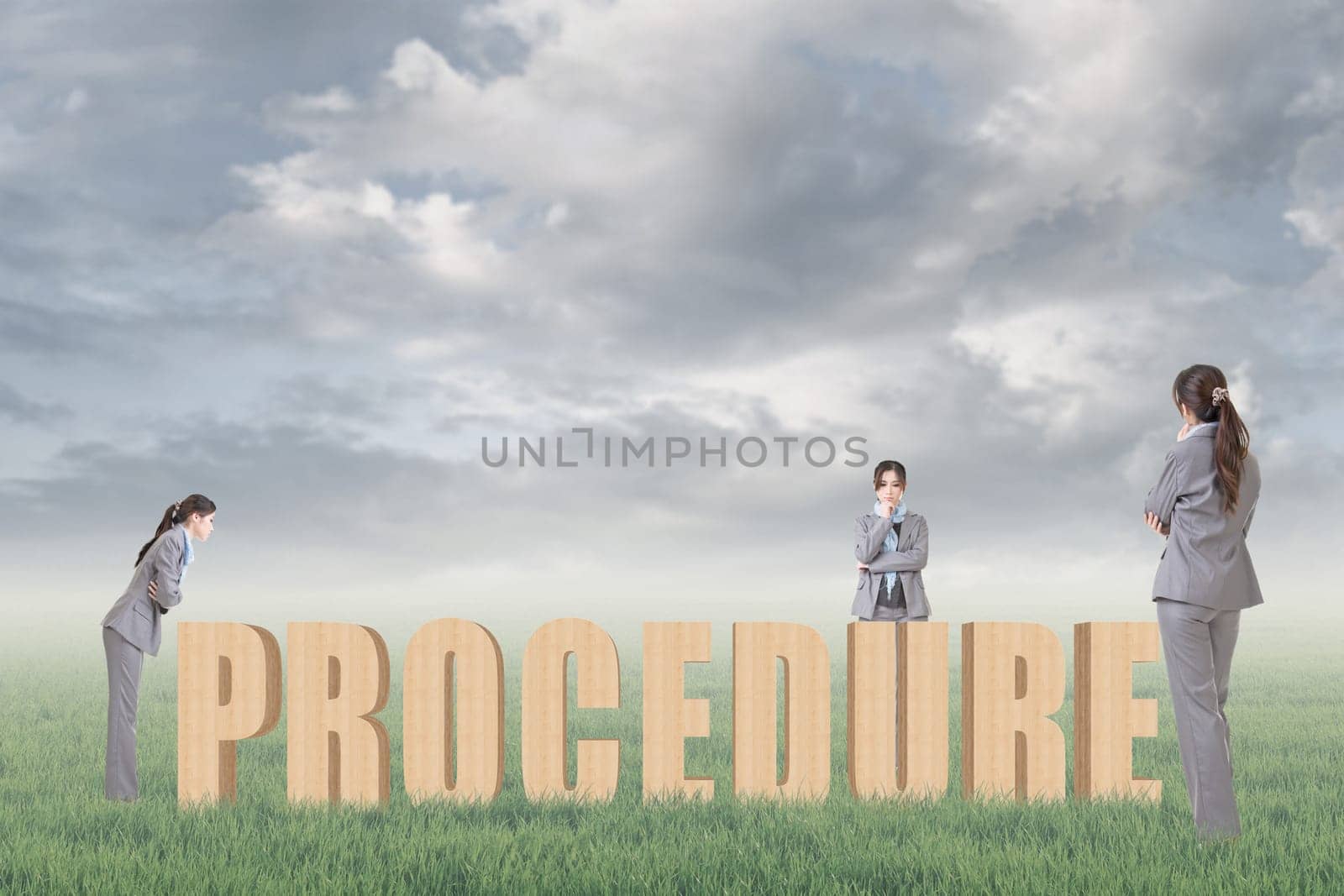 Concept of strategy, plan, idea etc with 3d wooden text and businesswoman under copyspace sky. The Asian woman is the same one.