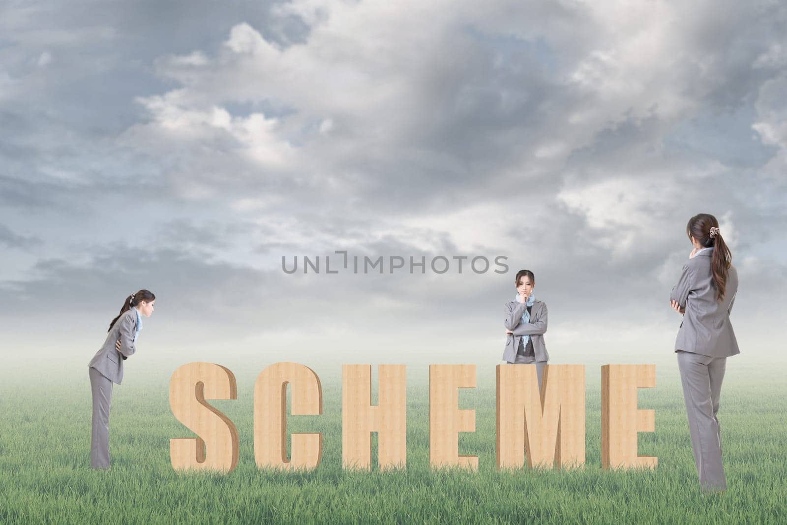 Concept of strategy, plan, idea etc with 3d wooden text and businesswoman under copyspace sky. The Asian woman is the same one.