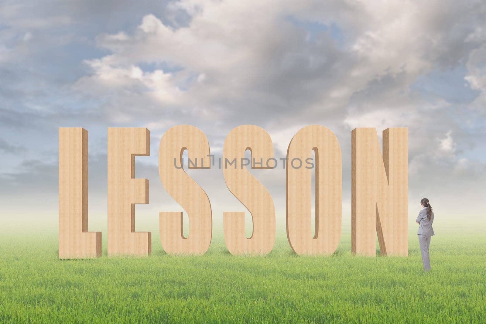 Concept of tip, advice, conference etc with 3d text under sky on the outdoor grassland and one Asian business woman thinking about it.