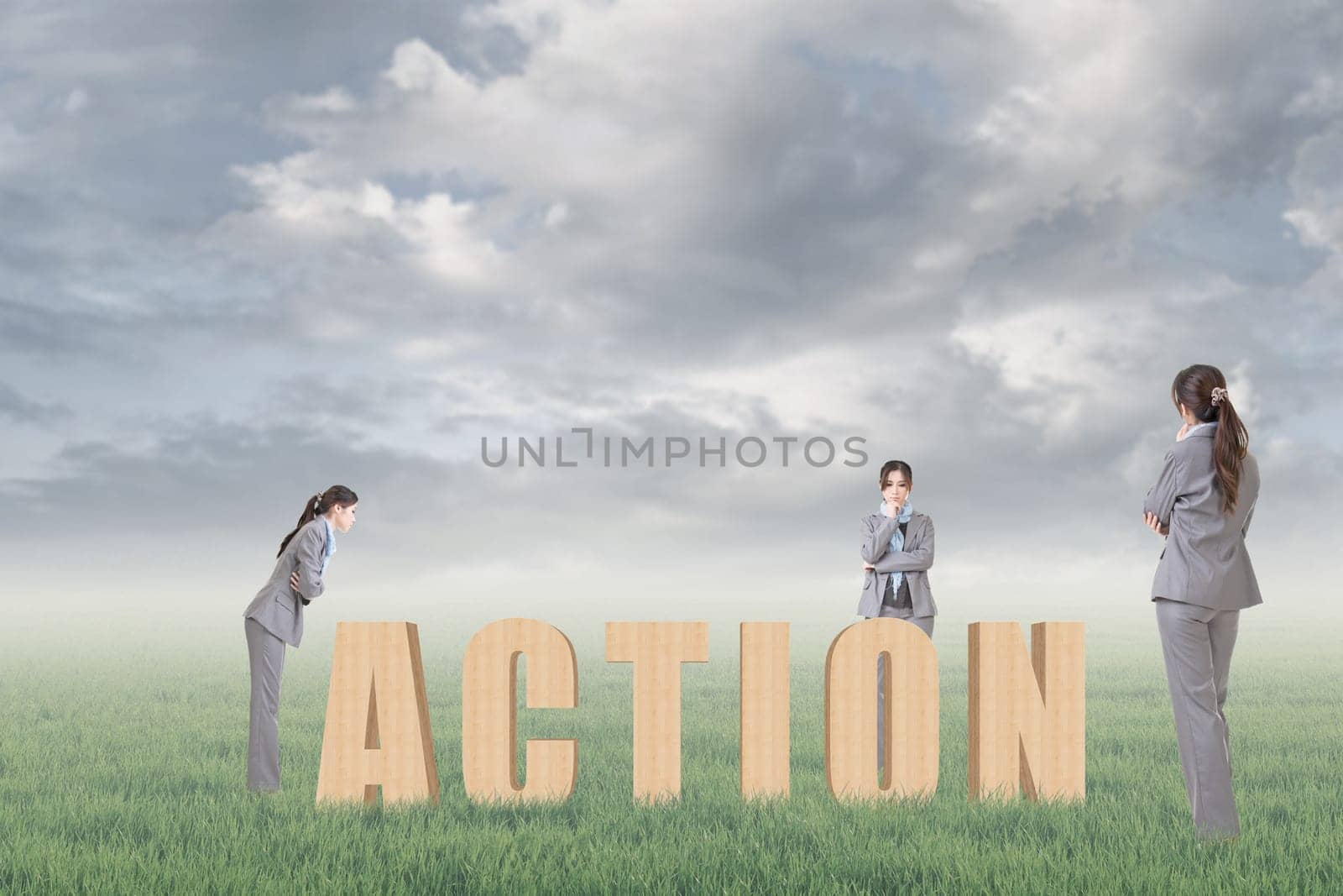Concept of strategy, plan, idea etc with 3d wooden text and businesswoman under copyspace sky. The Asian woman is the same one.