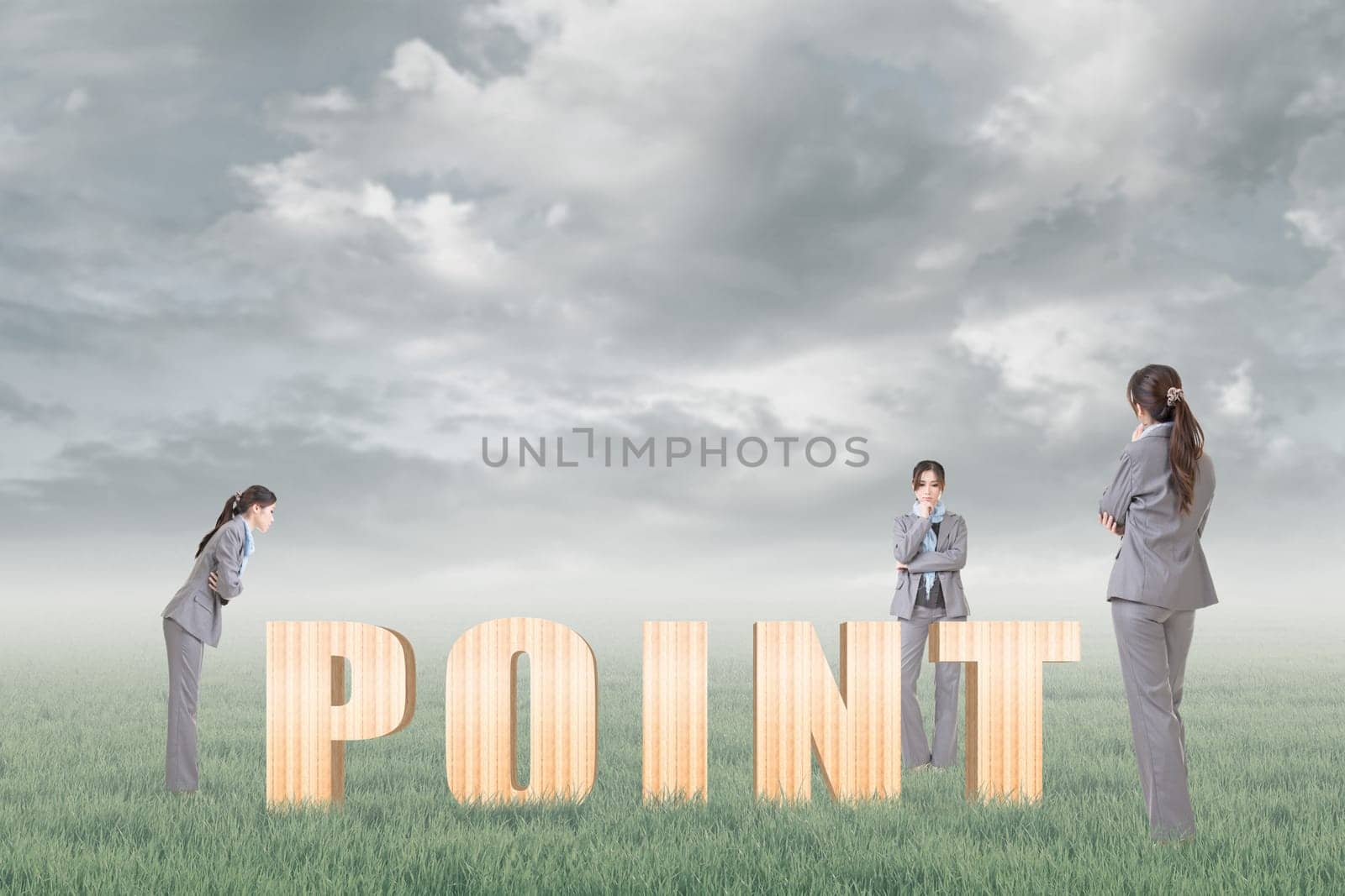 Concept of focus, point, center etc with 3d wooden text and businesswoman under copyspace sky. The Asian woman is the same one.