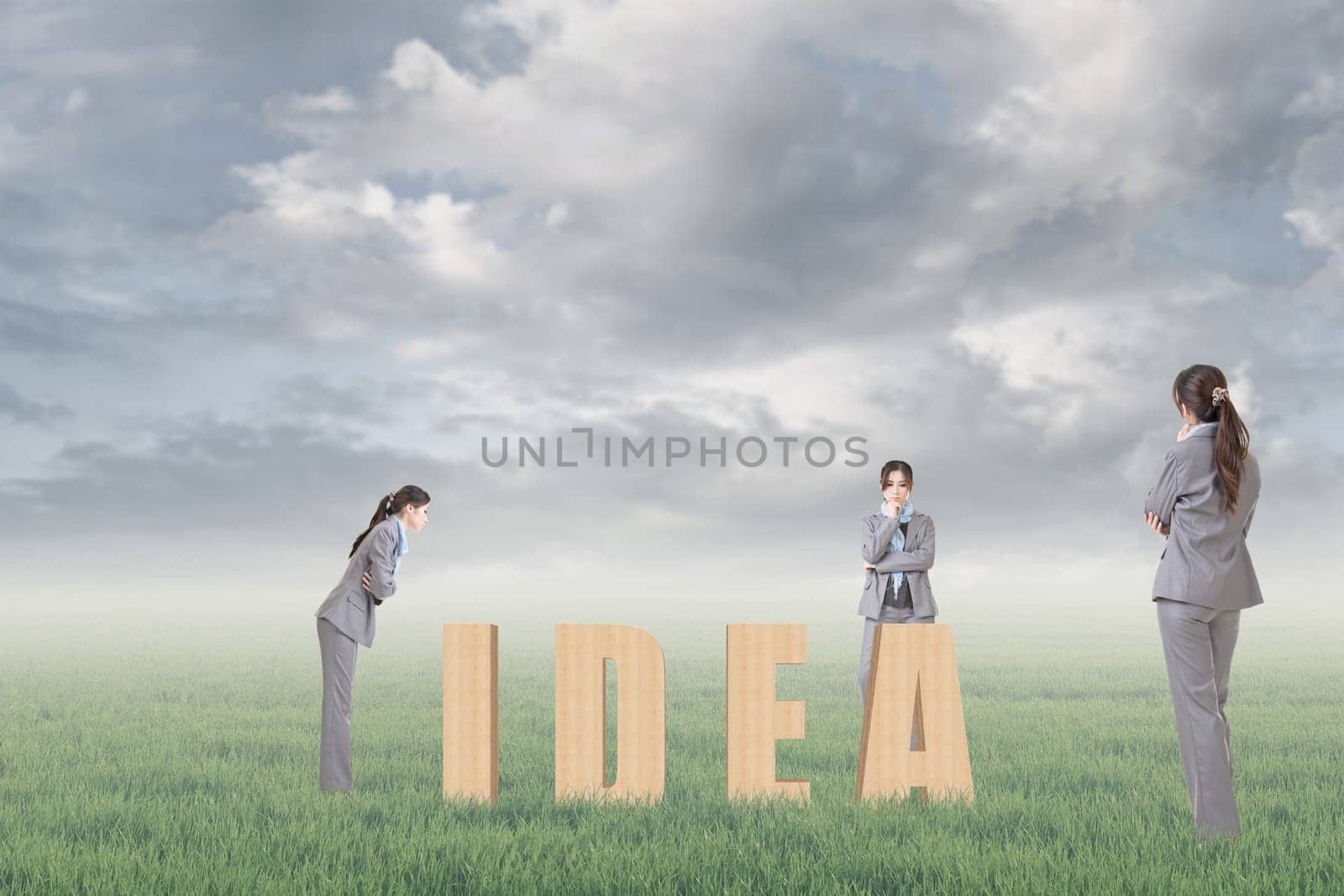 Concept of strategy, plan, idea etc with 3d wooden text and businesswoman under copyspace sky. The Asian woman is the same one.