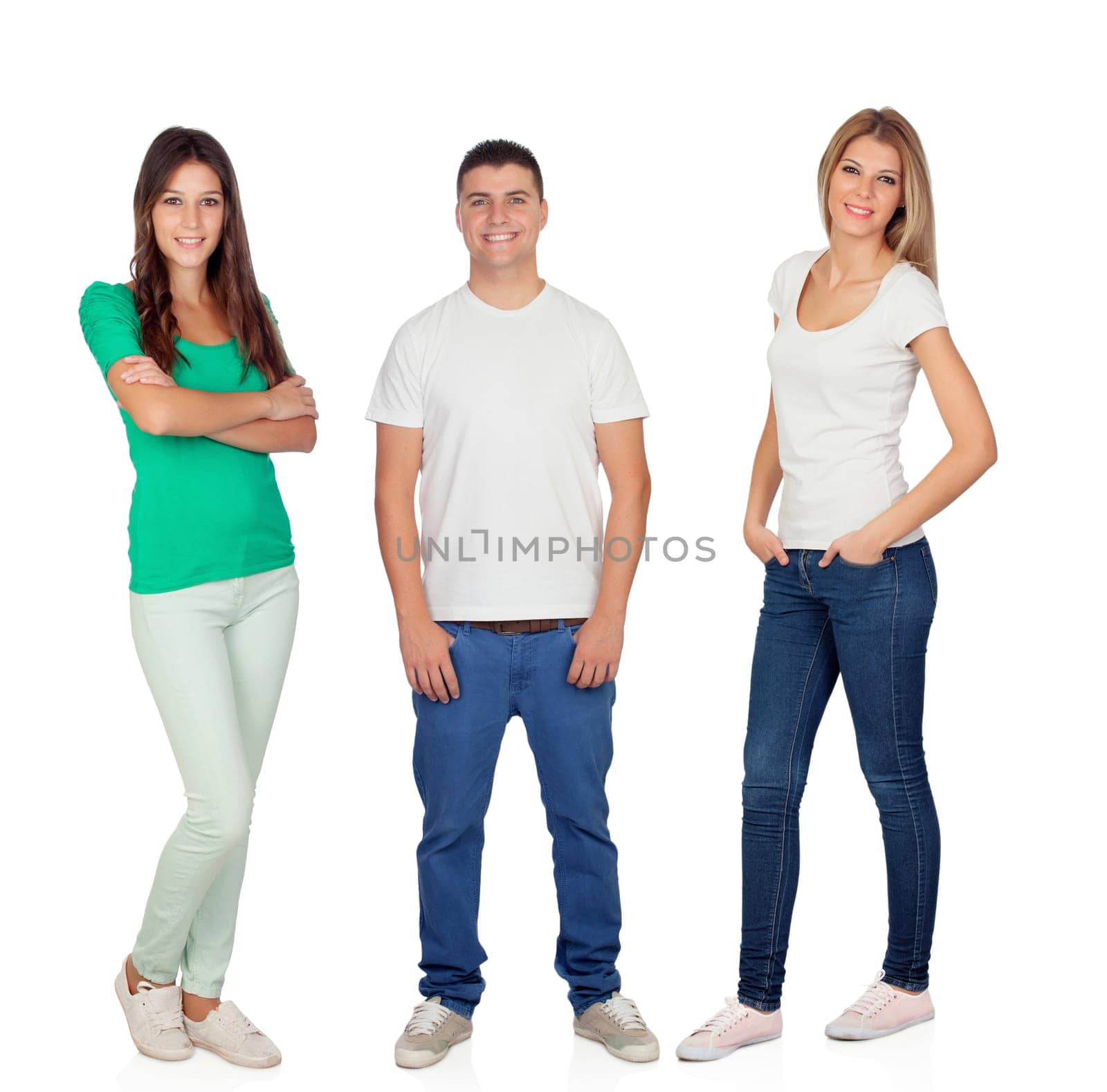 Young man with two beautiful girls isolated on a white background