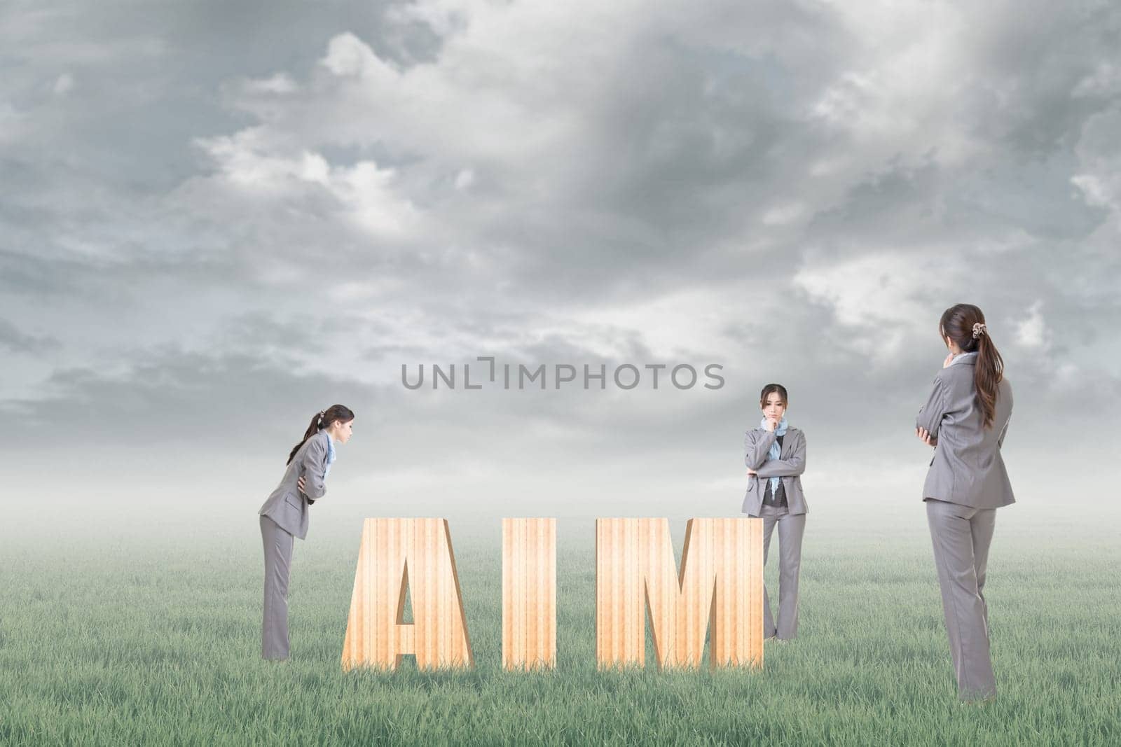 Concept of focus, point, center etc with 3d wooden text and businesswoman under copyspace sky. The Asian woman is the same one.