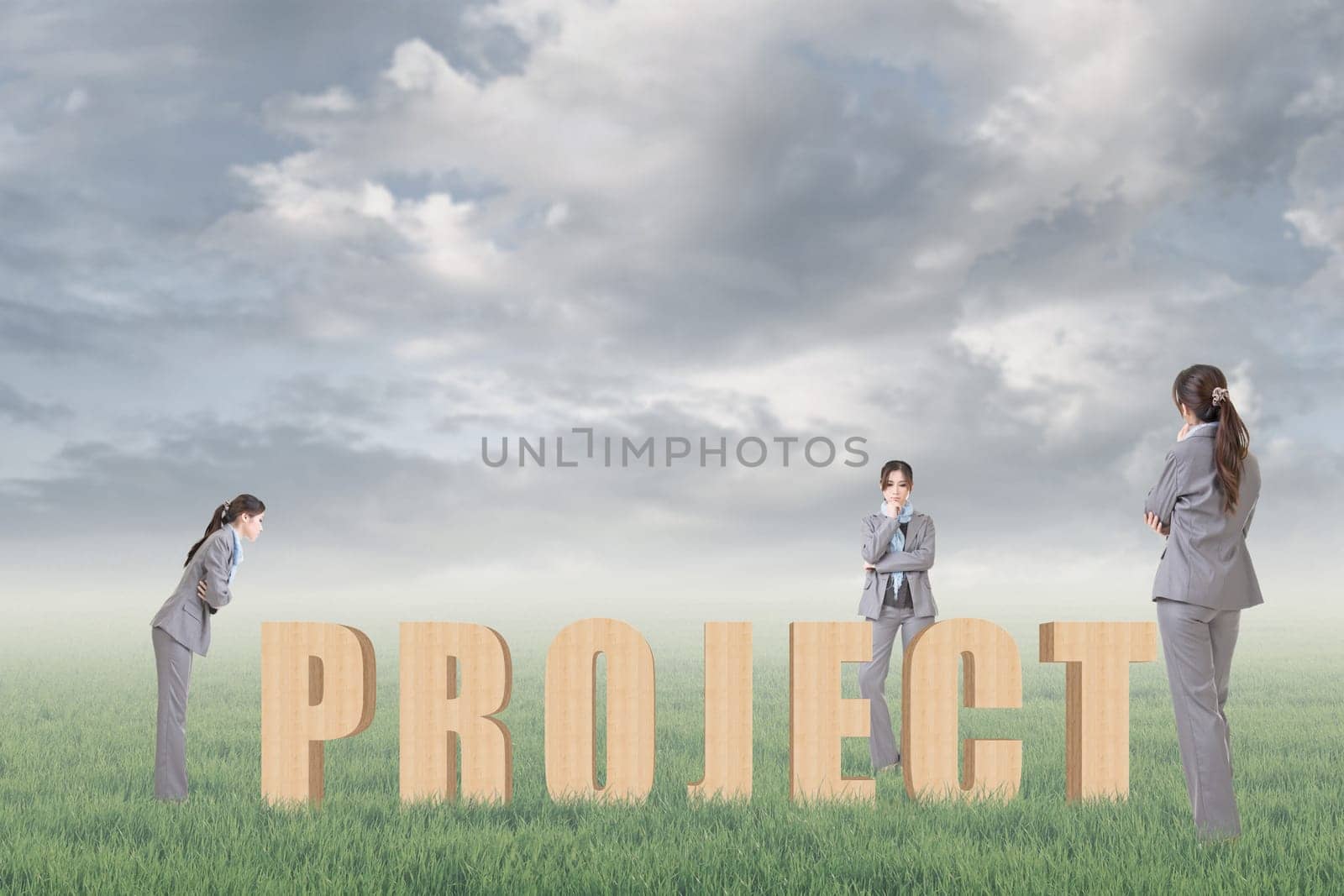 Concept of strategy, plan, idea etc with 3d wooden text and businesswoman under copyspace sky. The Asian woman is the same one.