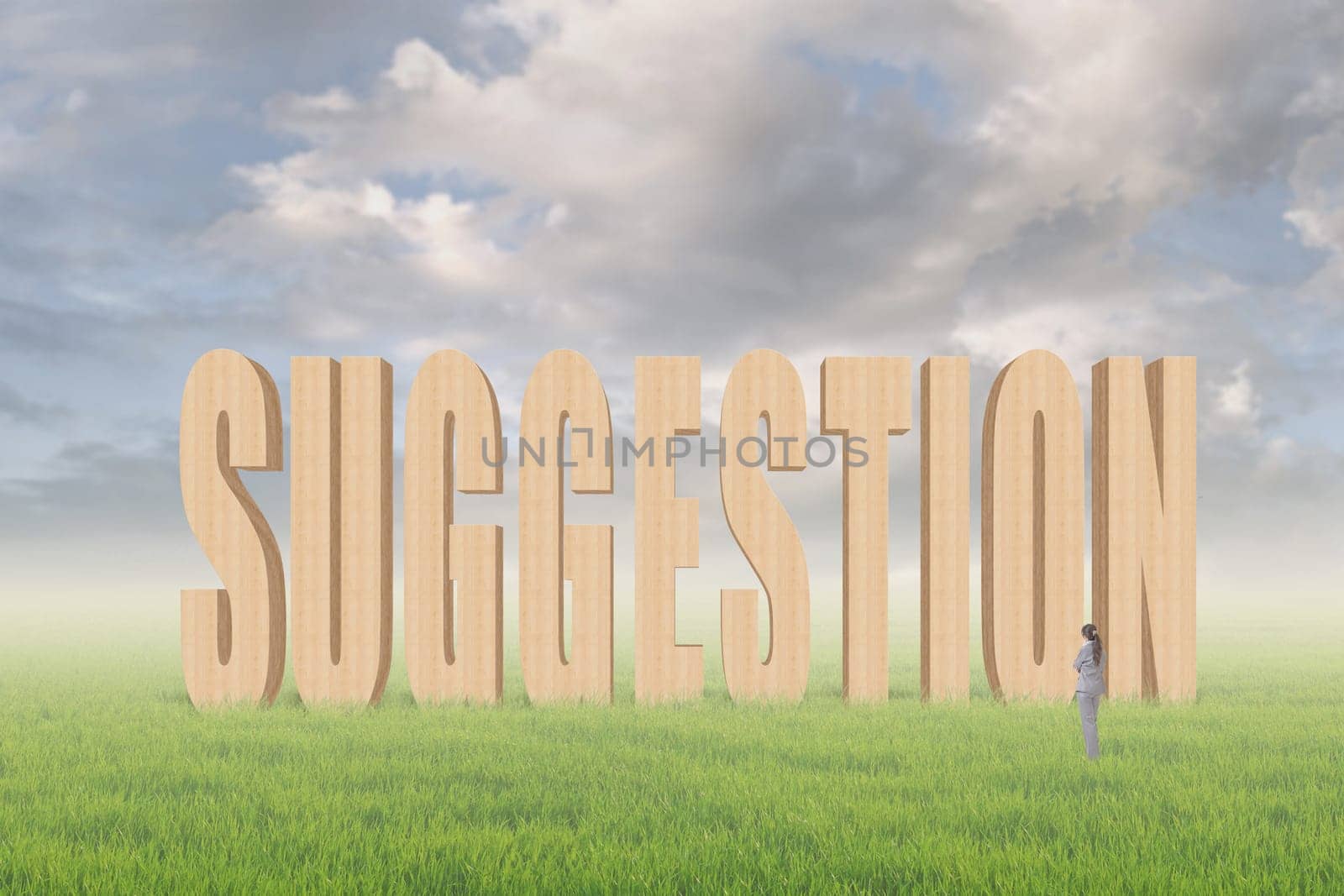 Concept of tip, advice, conference etc with 3d text under sky on the outdoor grassland and one Asian business woman thinking about it.