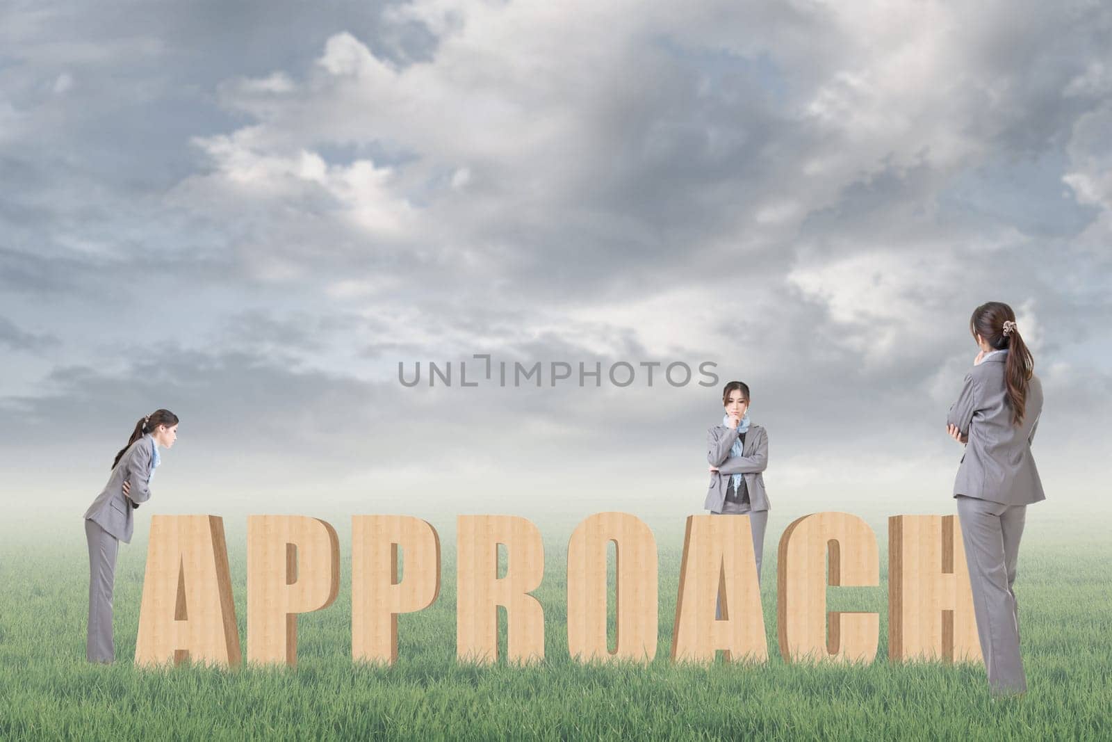 Concept of strategy, plan, idea etc with 3d wooden text and businesswoman under copyspace sky. The Asian woman is the same one.