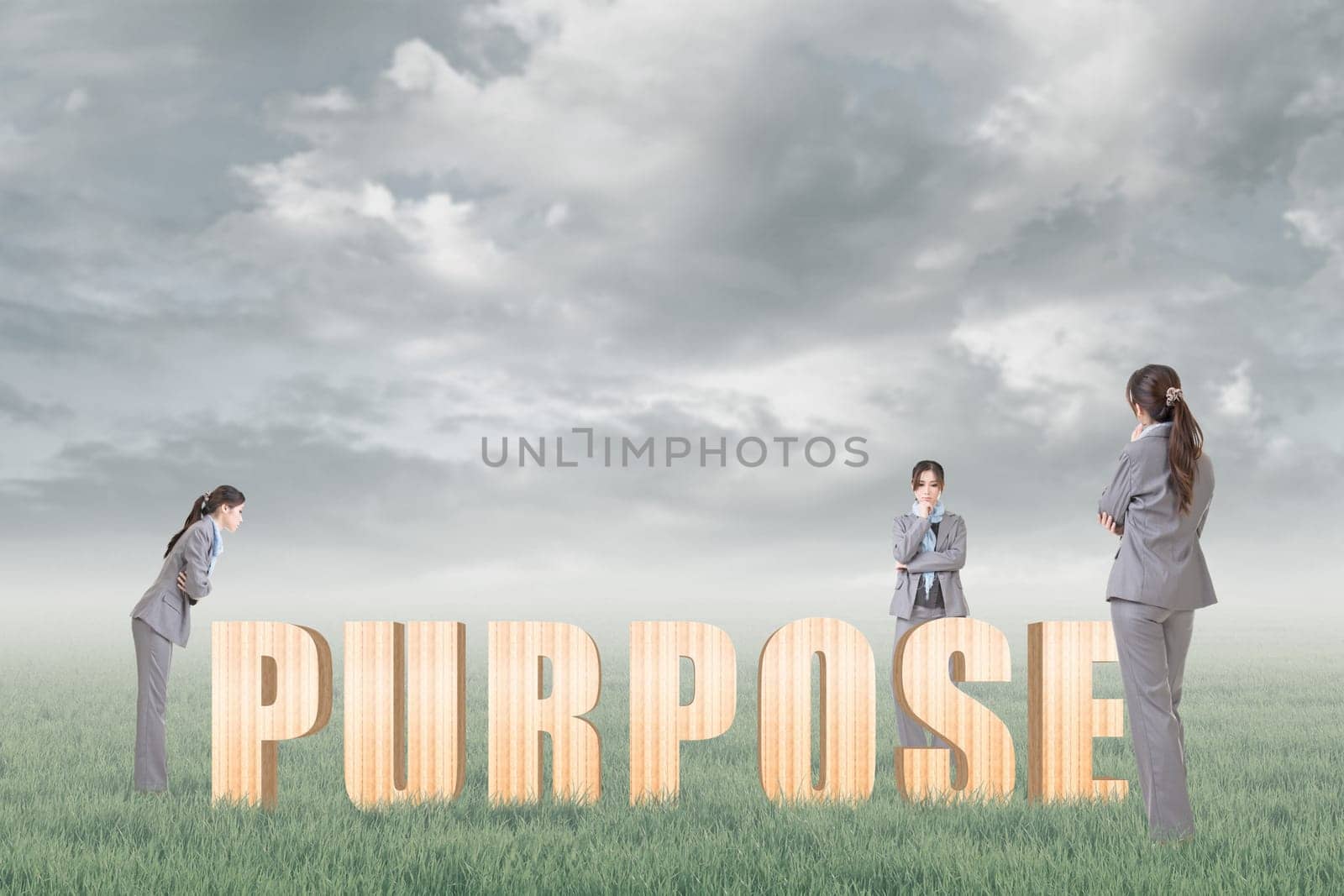 Concept of focus, point, center etc with 3d wooden text and businesswoman under copyspace sky. The Asian woman is the same one.