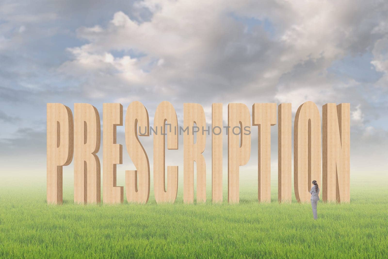 Concept of tip, advice, conference etc with 3d text under sky on the outdoor grassland and one Asian business woman thinking about it.