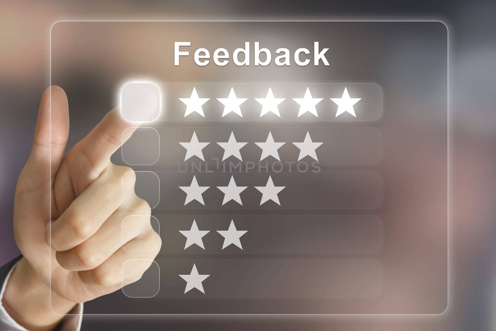 business hand clicking feedback on virtual screen interface