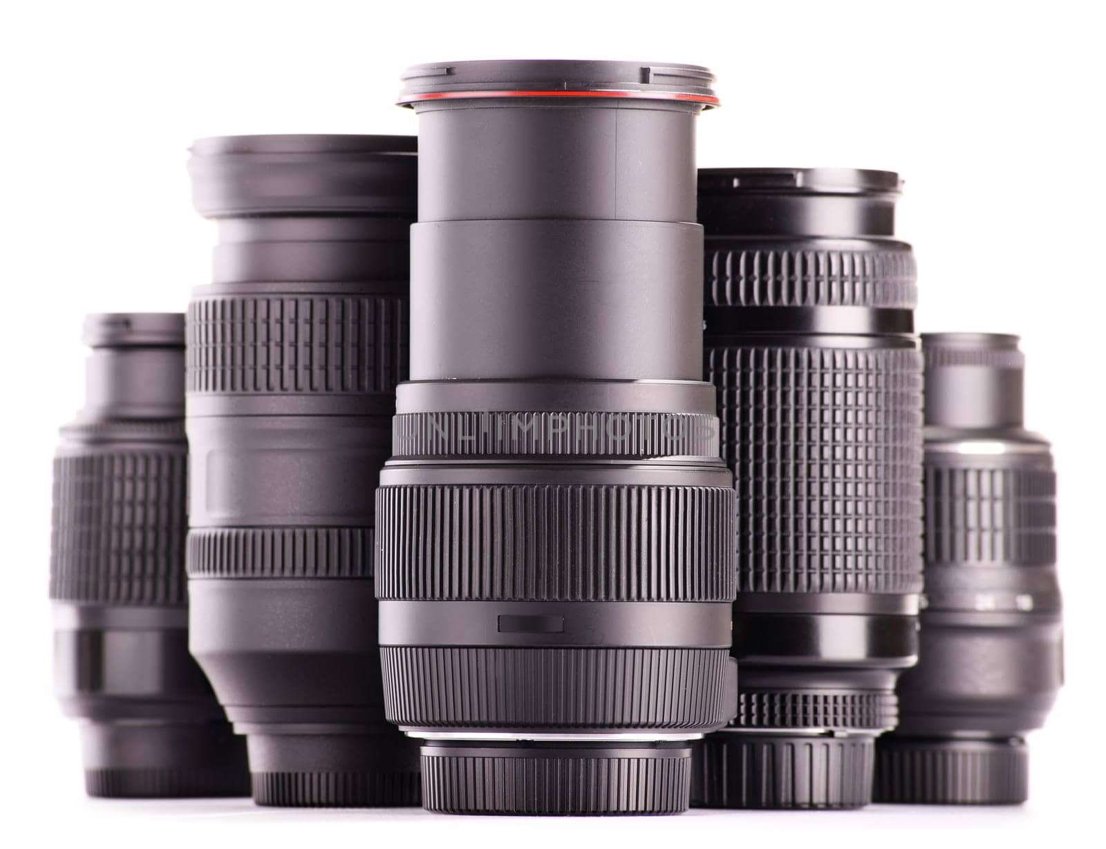 Composition with photo zoom lenses isolated on white background