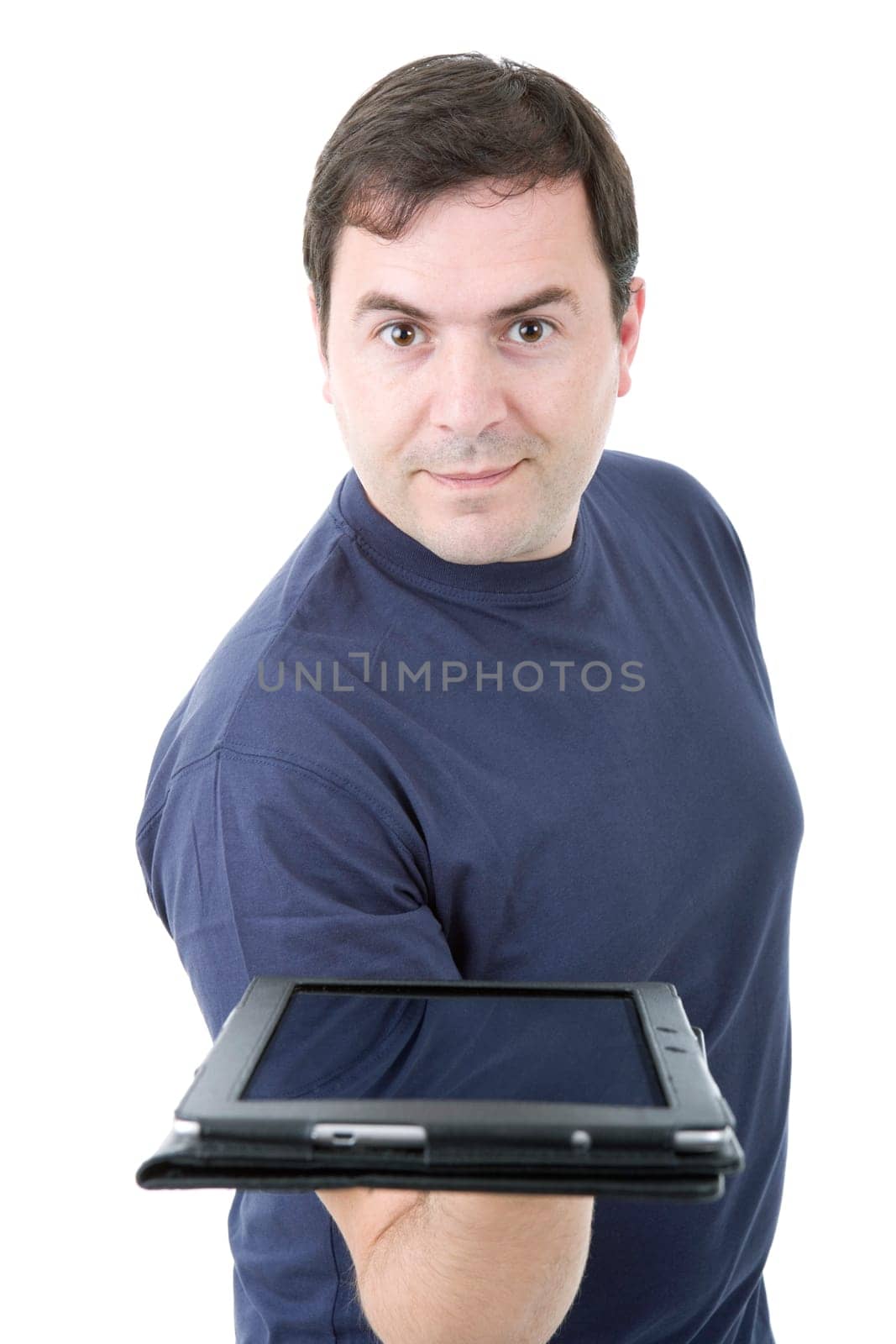 young casual man showing with a tablet, isolated