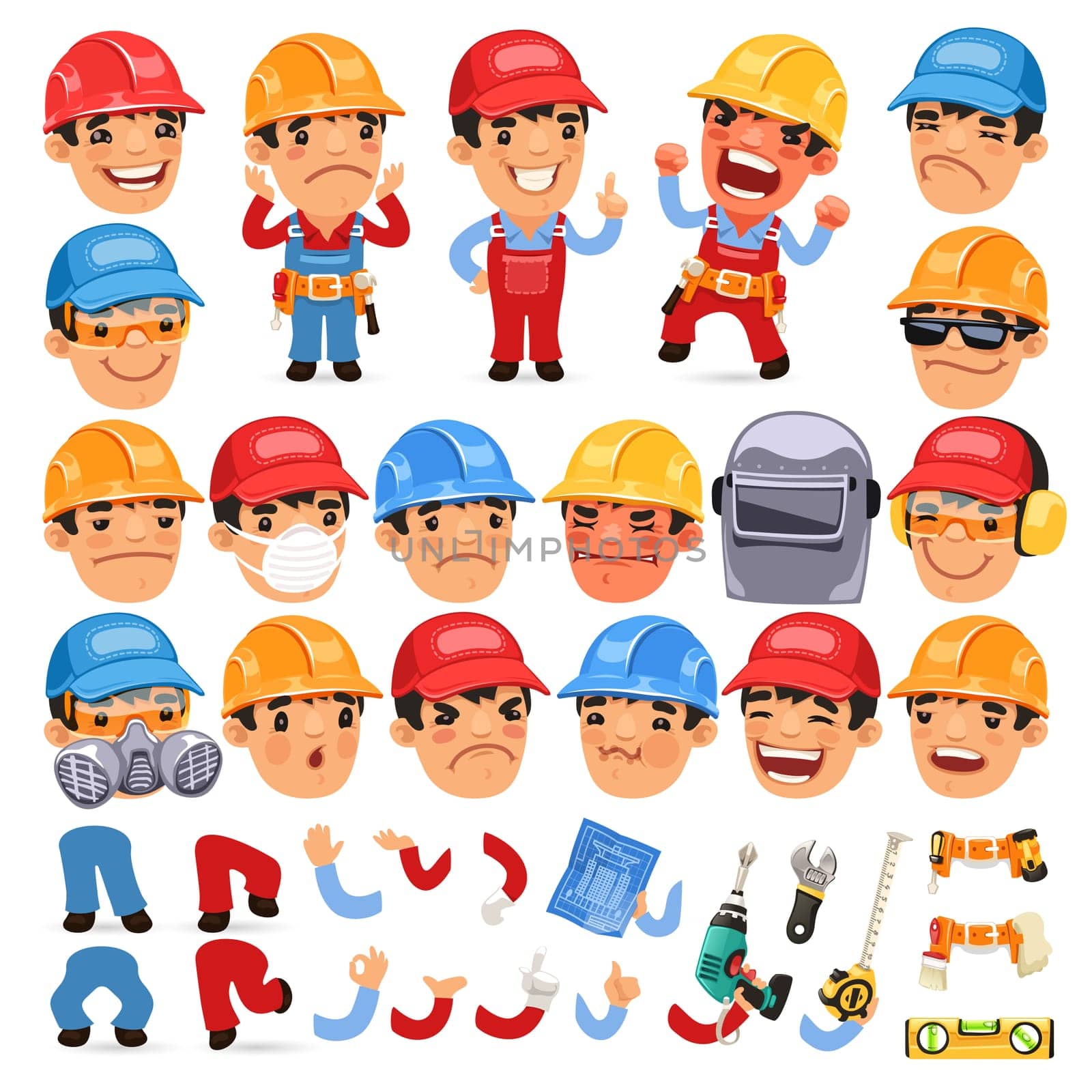 Set of Cartoon Worker Character for Your Design or Aanimation. Isolated on White Background. Clipping paths included in additional jpg format