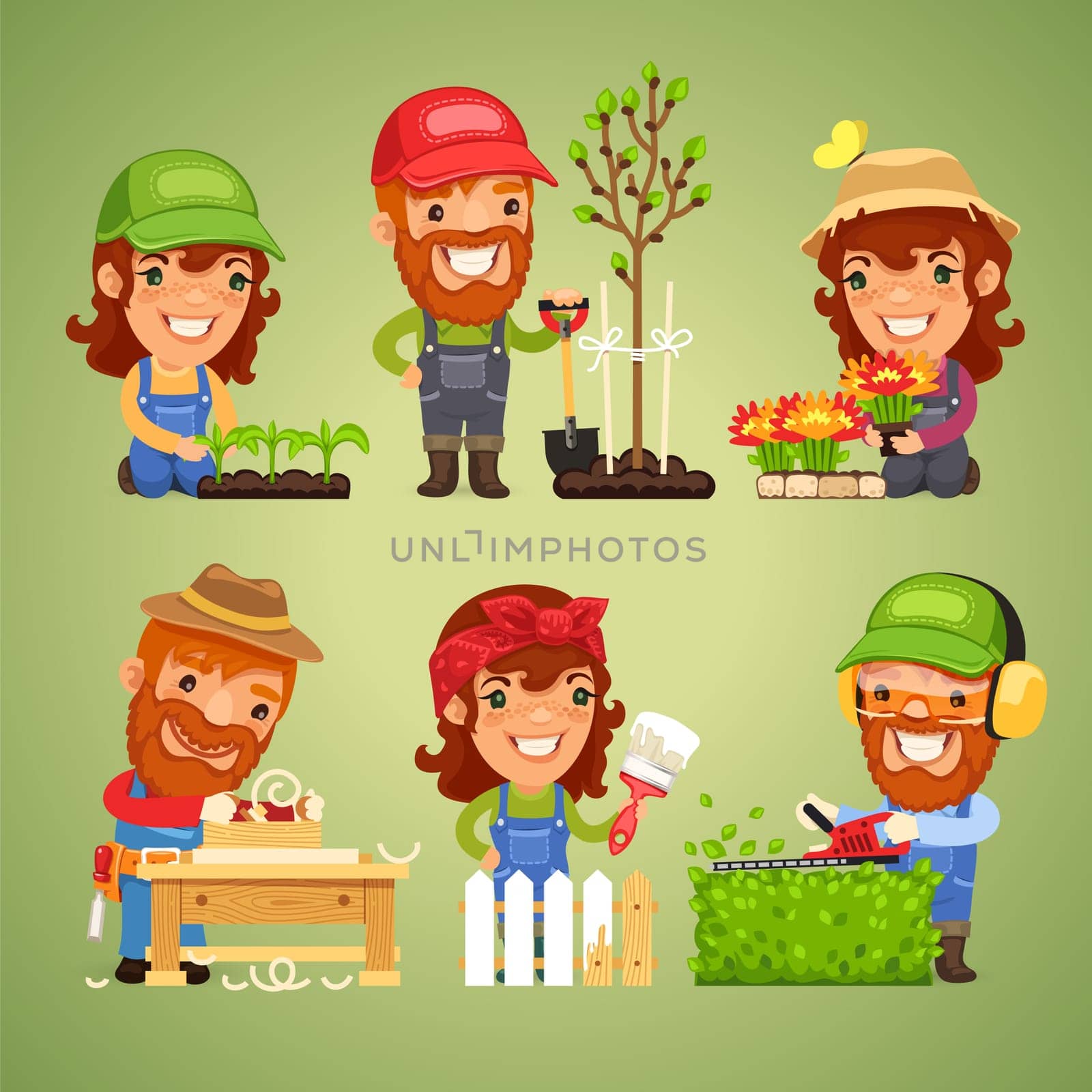 Farmers at Spring Work Set. In the EPS file, each element is grouped separately. Clipping paths included in additional jpg format.