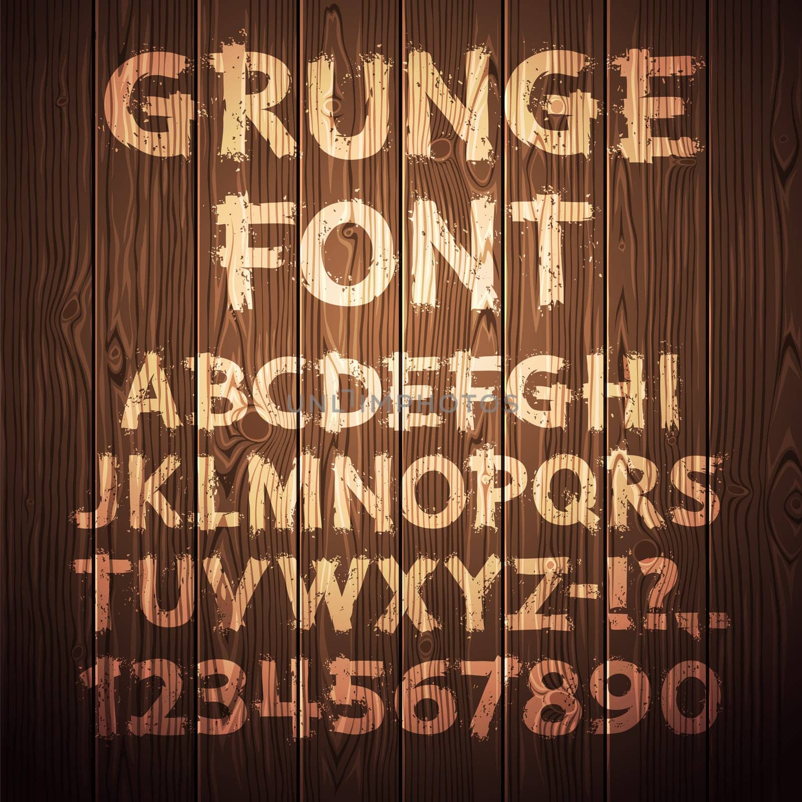 Grunge Letters and Numbers on Wooden Background. Clipping paths included in additional jpg format.