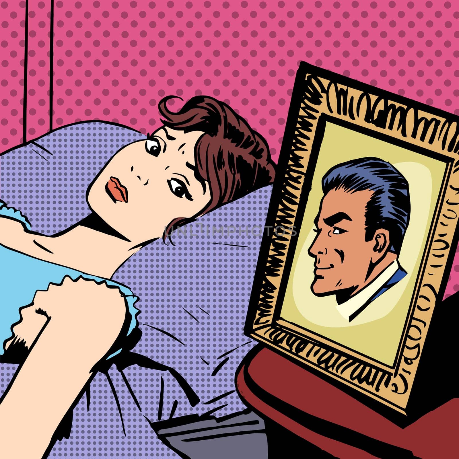 The woman in the bed next photo men wife husband pop art comics retro style Halftone. Imitation of old illustrations. Anxiety, sadness emotions